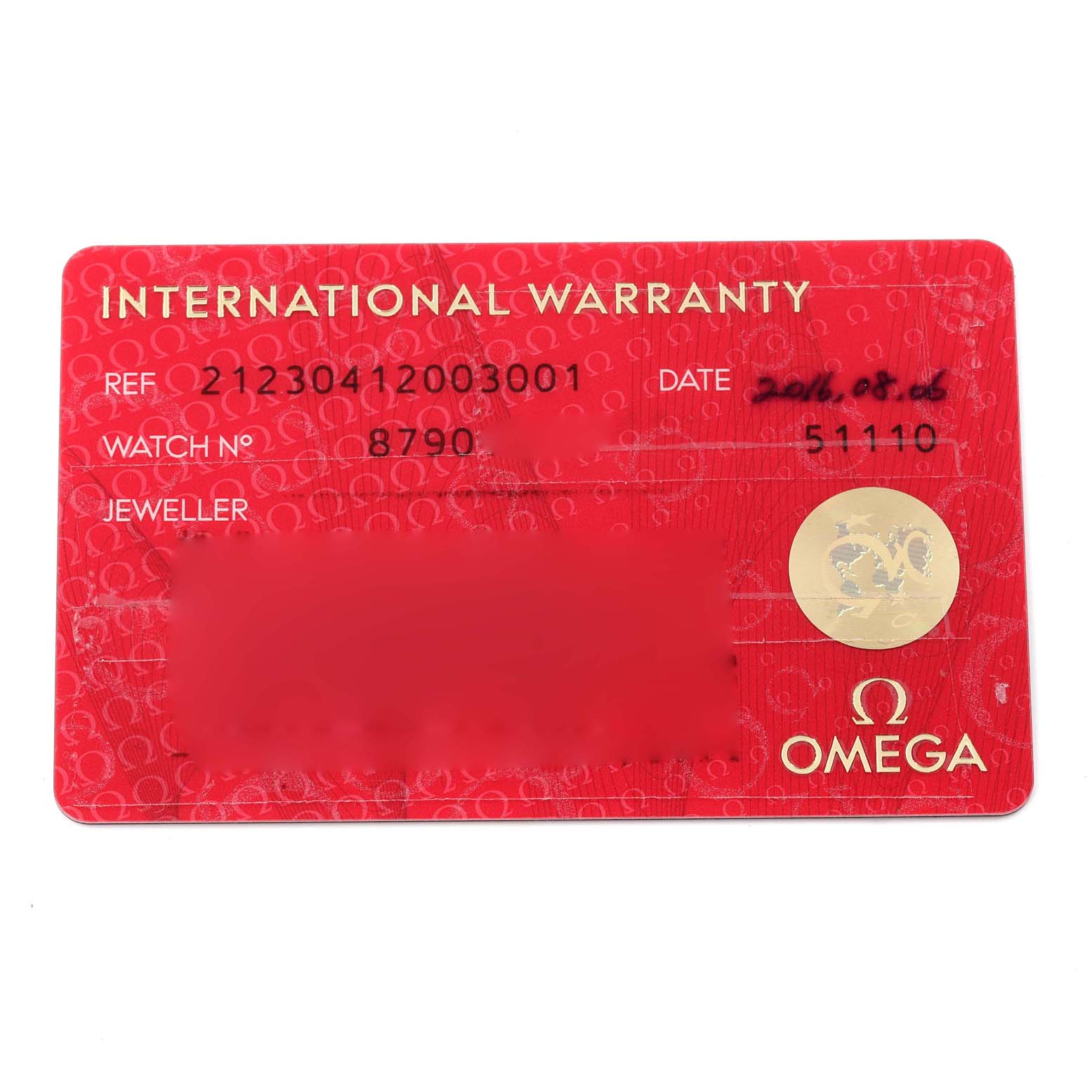 The image shows the international warranty card for an Omega Seamaster 212.30.41.20.03.001 Men's Stainless Steel Blue Dial 212.30.41.20.03.001 Men's Stainless Steel Blue Dial watch.