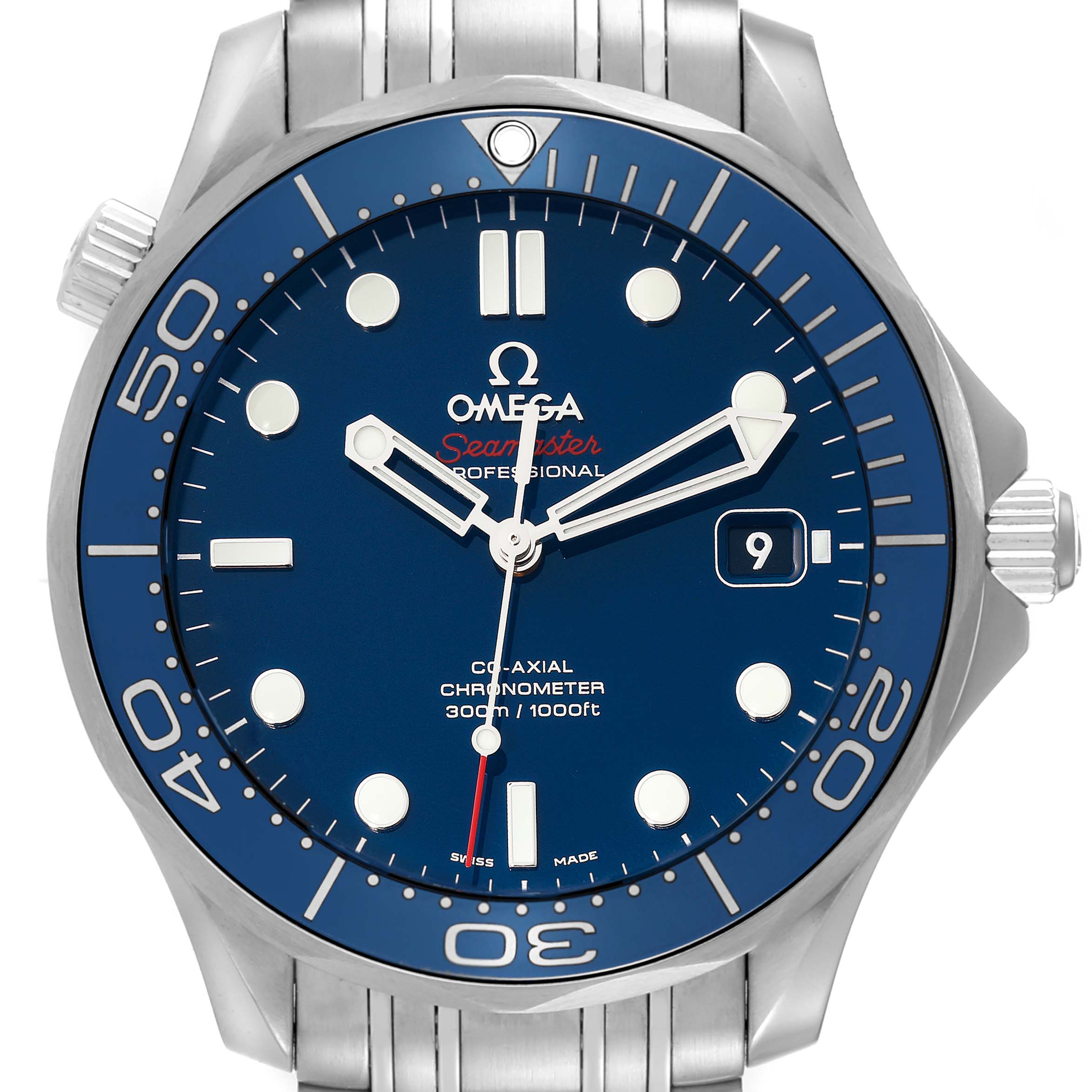 The image shows a front view of an Omega Seamaster 212.30.41.20.03.001 Men's Stainless Steel Blue Dial 212.30.41.20.03.001 Men's Stainless Steel Blue Dial watch, highlighting the dial, hands, bezel, crown, and part of the stainless steel bracelet.