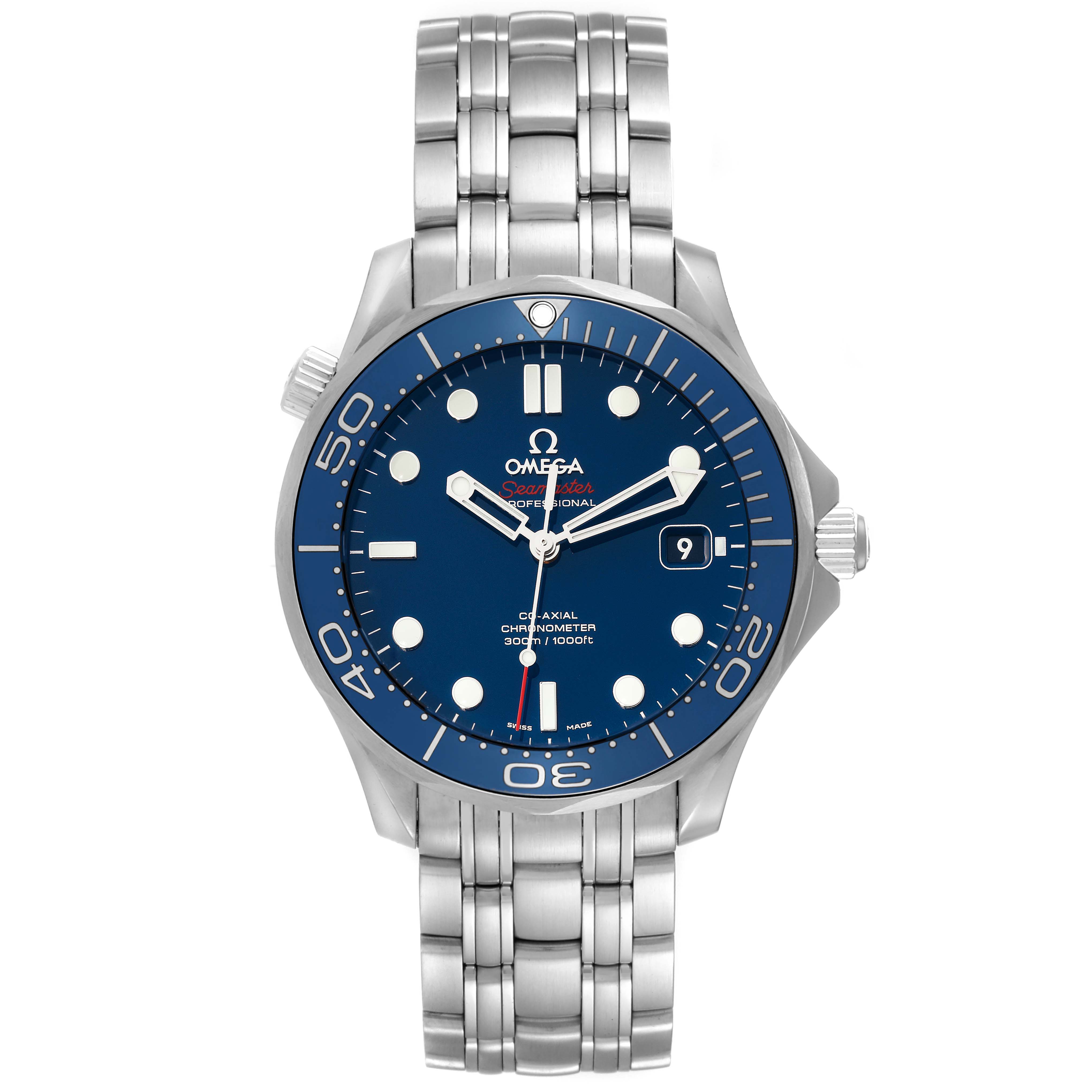 The image shows a front view of an Omega Seamaster 212.30.41.20.03.001 Men's Stainless Steel Blue Dial 212.30.41.20.03.001 Men's Stainless Steel Blue Dial watch, featuring its blue dial, bezel, and stainless steel bracelet.