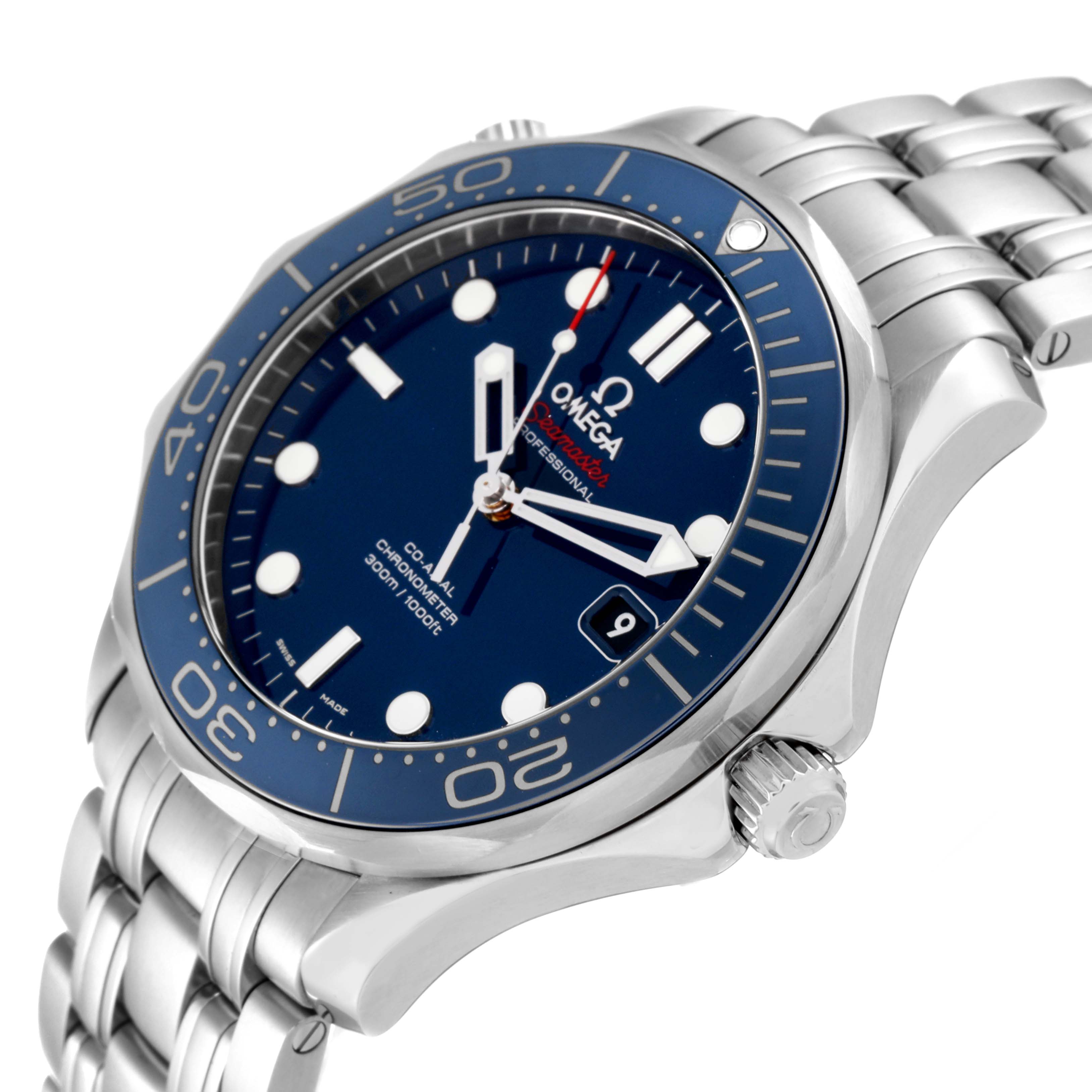 The image shows a side angle view of the Omega Seamaster 212.30.41.20.03.001 Men's Stainless Steel Blue Dial 212.30.41.20.03.001 Men's Stainless Steel Blue Dial watch, highlighting its face, bezel, crown, and bracelet.