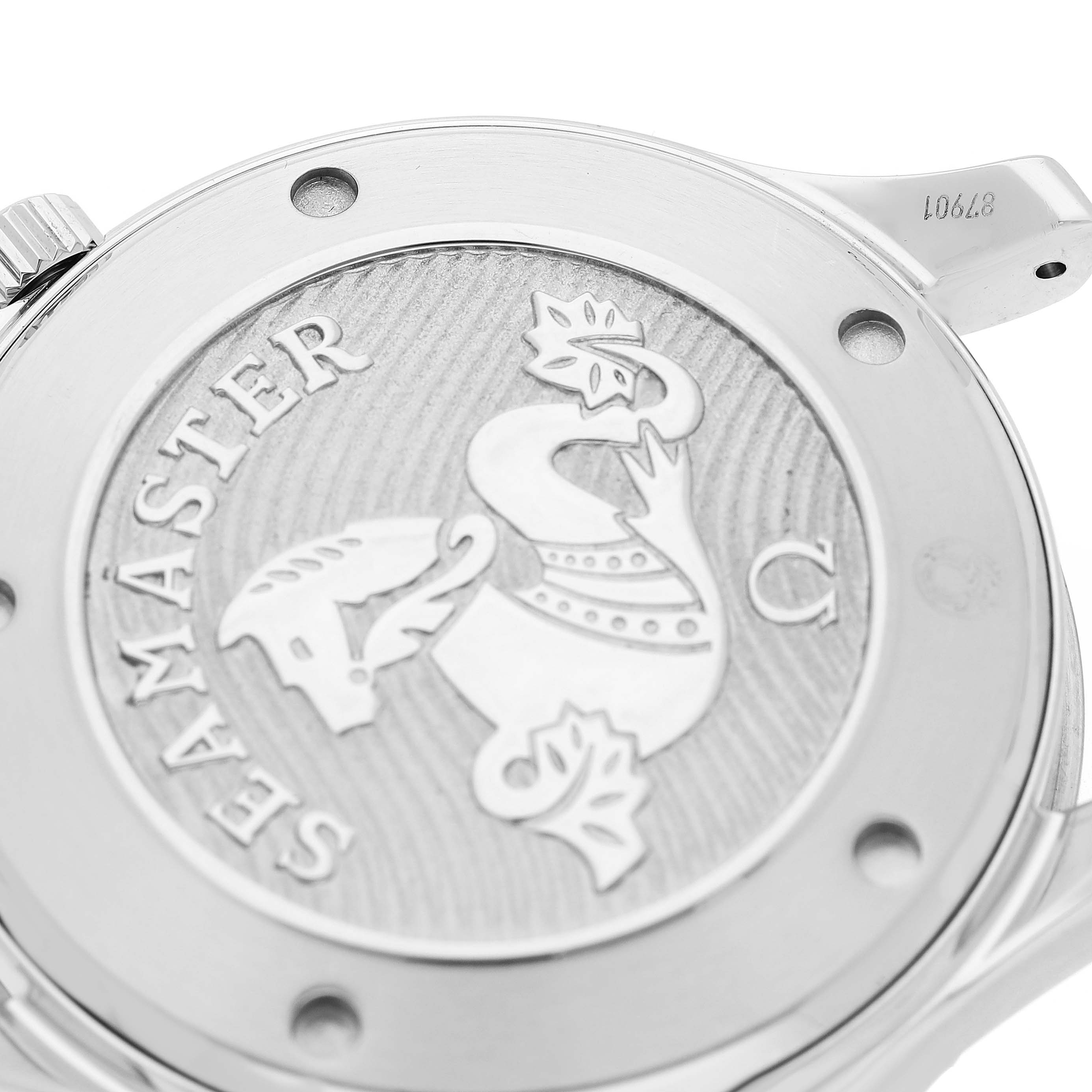 This image shows the case back of the Omega Seamaster 212.30.41.20.03.001 Men's Stainless Steel Blue Dial 212.30.41.20.03.001 Men's Stainless Steel Blue Dial watch, featuring its engraved design.