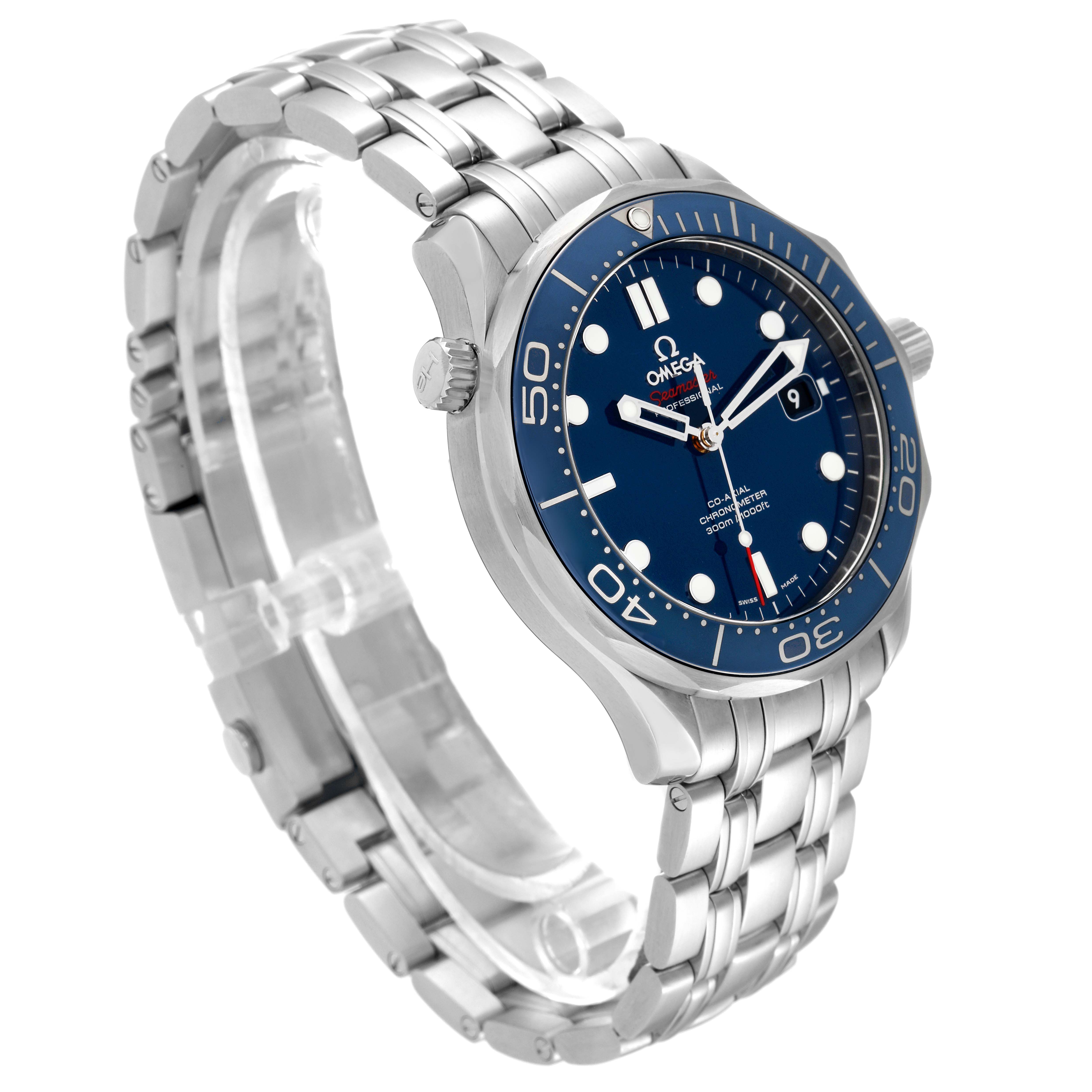 The image shows an Omega Seamaster 212.30.41.20.03.001 Men's Stainless Steel Blue Dial 212.30.41.20.03.001 Men's Stainless Steel Blue Dial watch at an angle highlighting the face, bezel, and stainless steel band.