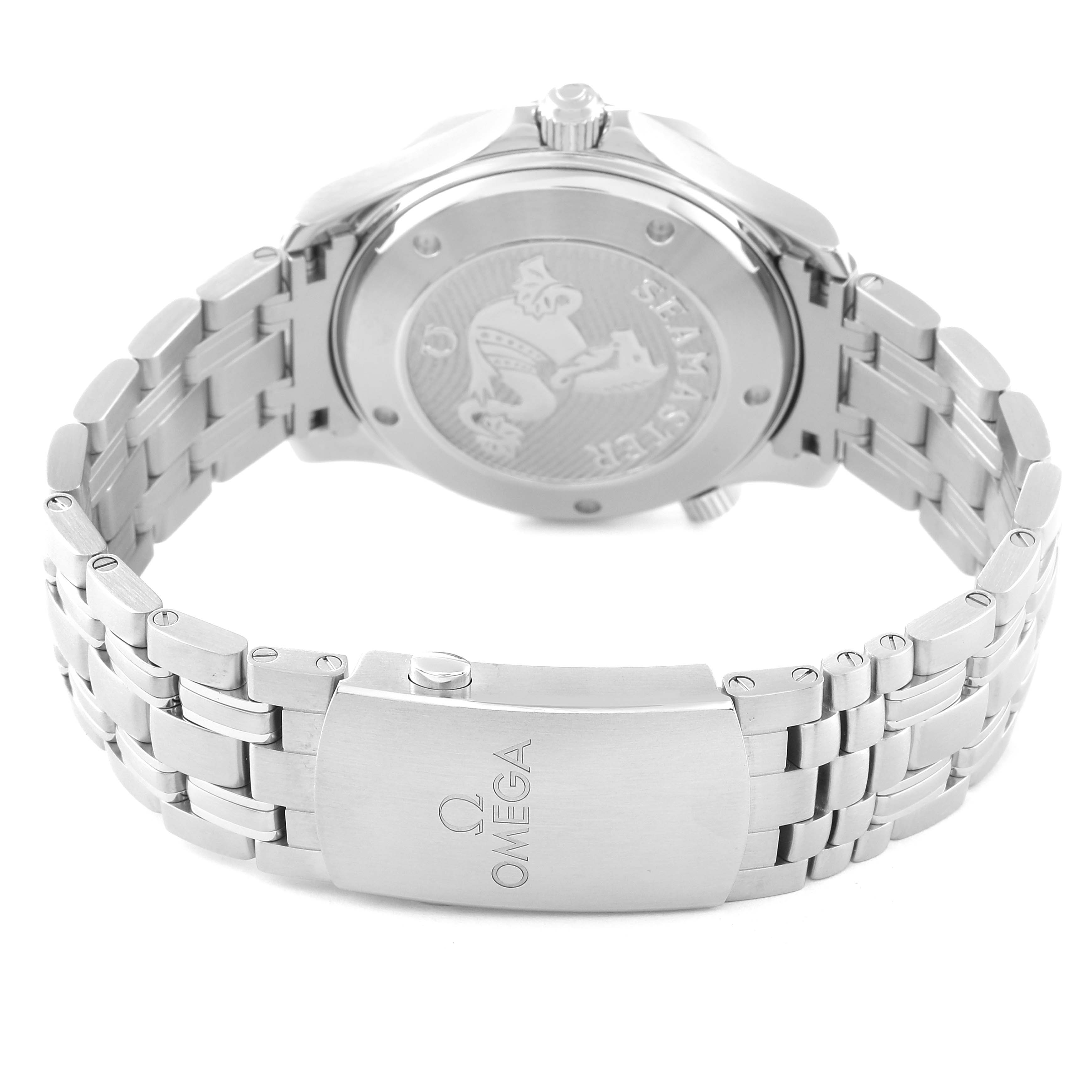 This image shows the back case and clasp of an Omega Seamaster 212.30.41.20.03.001 Men's Stainless Steel Blue Dial 212.30.41.20.03.001 Men's Stainless Steel Blue Dial watch.