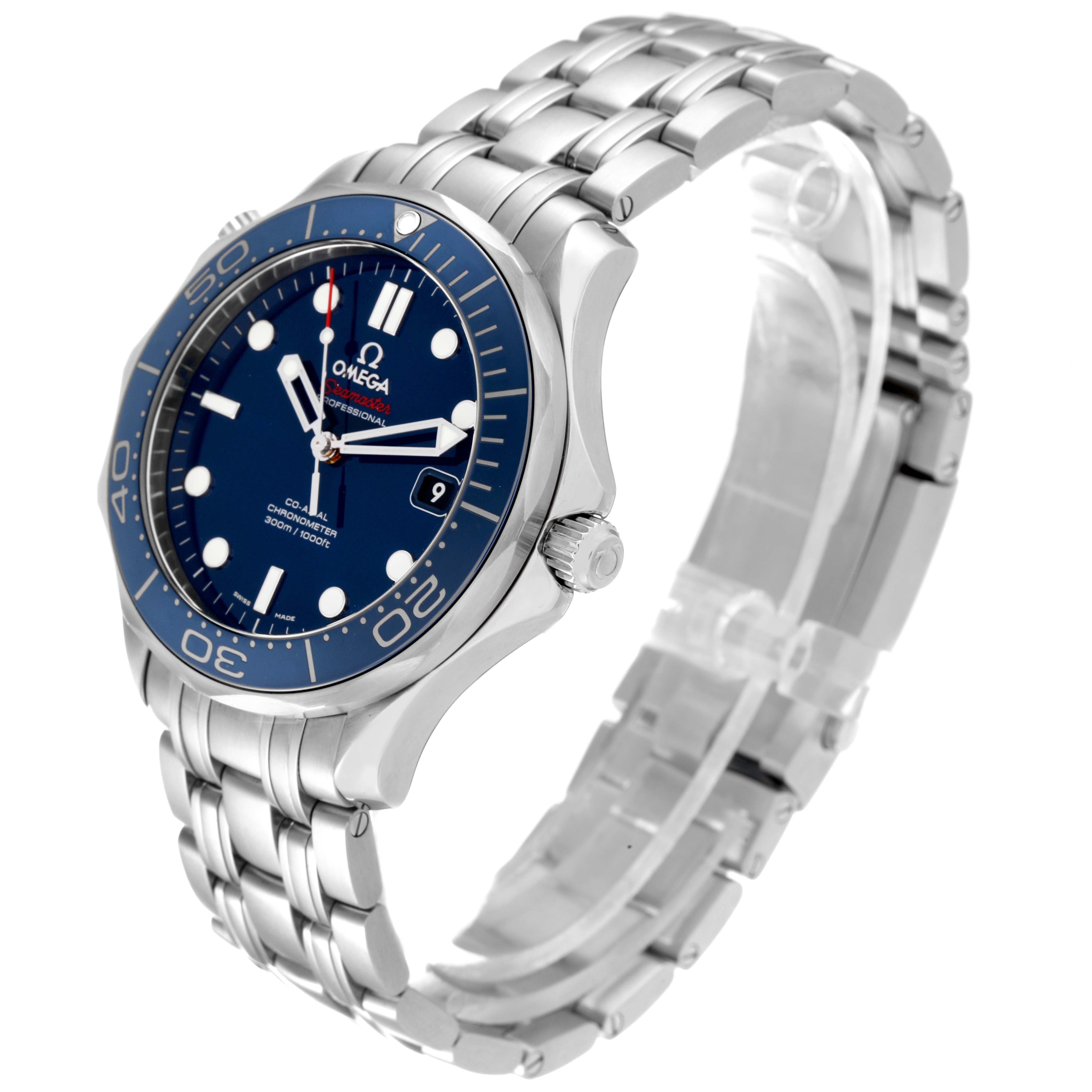 The Omega Seamaster 212.30.41.20.03.001 Men's Stainless Steel Blue Dial 212.30.41.20.03.001 Men's Stainless Steel Blue Dial watch is shown at a three-quarter angle, highlighting the blue dial, bezel, crown, and stainless steel bracelet.