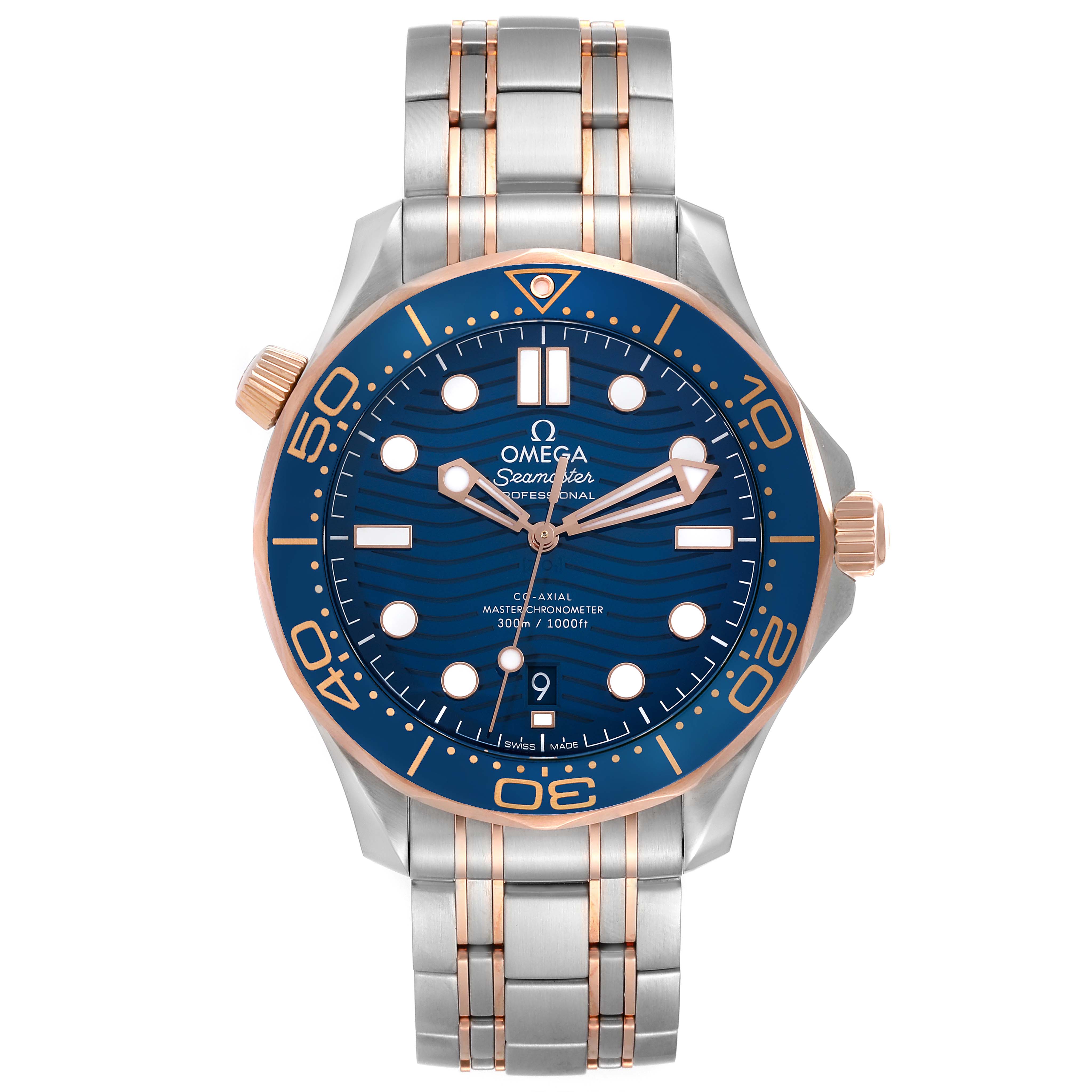 This image shows a front view of the Omega Seamaster 210.20.42.20.03.002 Men's Steel and Gold (two tone) Blue Dial 210.20.42.20.03.002 Men's Steel and Gold (two tone) Blue Dial watch, detailing its dial, bezel, crown, and bracelet.