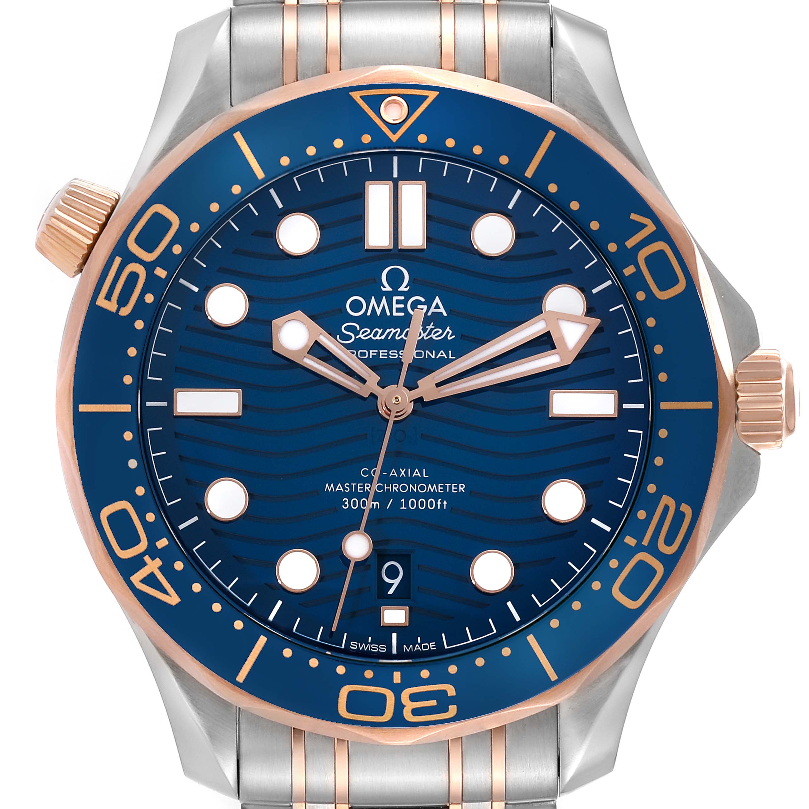 The image shows a front view of the Omega Seamaster 210.20.42.20.03.002 Men's Steel and Gold (two tone) Blue Dial 210.20.42.20.03.002 Men's Steel and Gold (two tone) Blue Dial watch, highlighting the dial, bezel, markers, and parts of the bracelet.