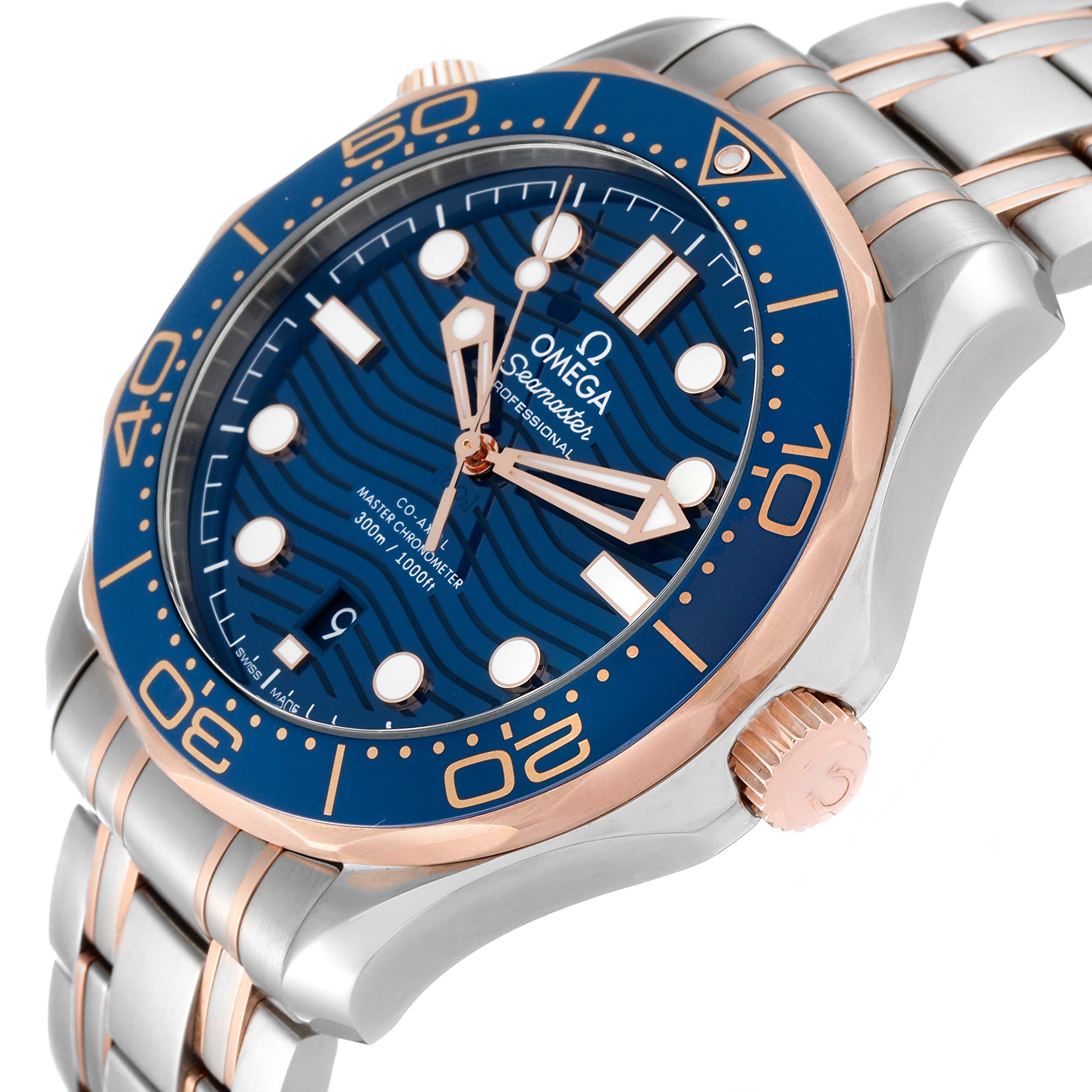 This image shows the Omega Seamaster 210.20.42.20.03.002 Men's Steel and Gold (two tone) Blue Dial 210.20.42.20.03.002 Men's Steel and Gold (two tone) Blue Dial model from a three-quarter angle, highlighting its bezel, dial, crown, and part of the bracelet.