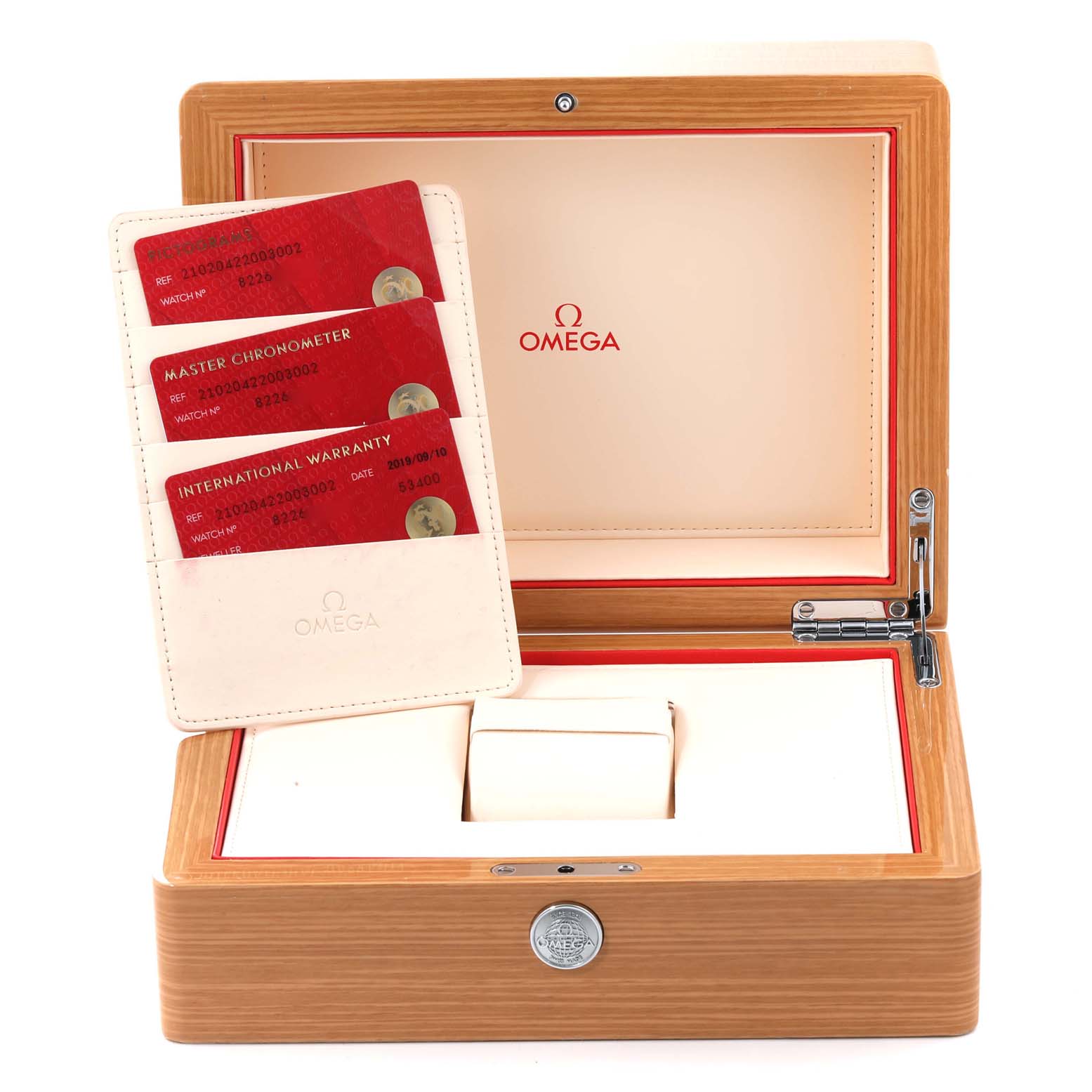 The image shows an angled view of the Omega Seamaster 210.20.42.20.03.002 Men's Steel and Gold (two tone) Blue Dial 210.20.42.20.03.002 Men's Steel and Gold (two tone) Blue Dial watch box, open with cards for certification and warranty displayed.