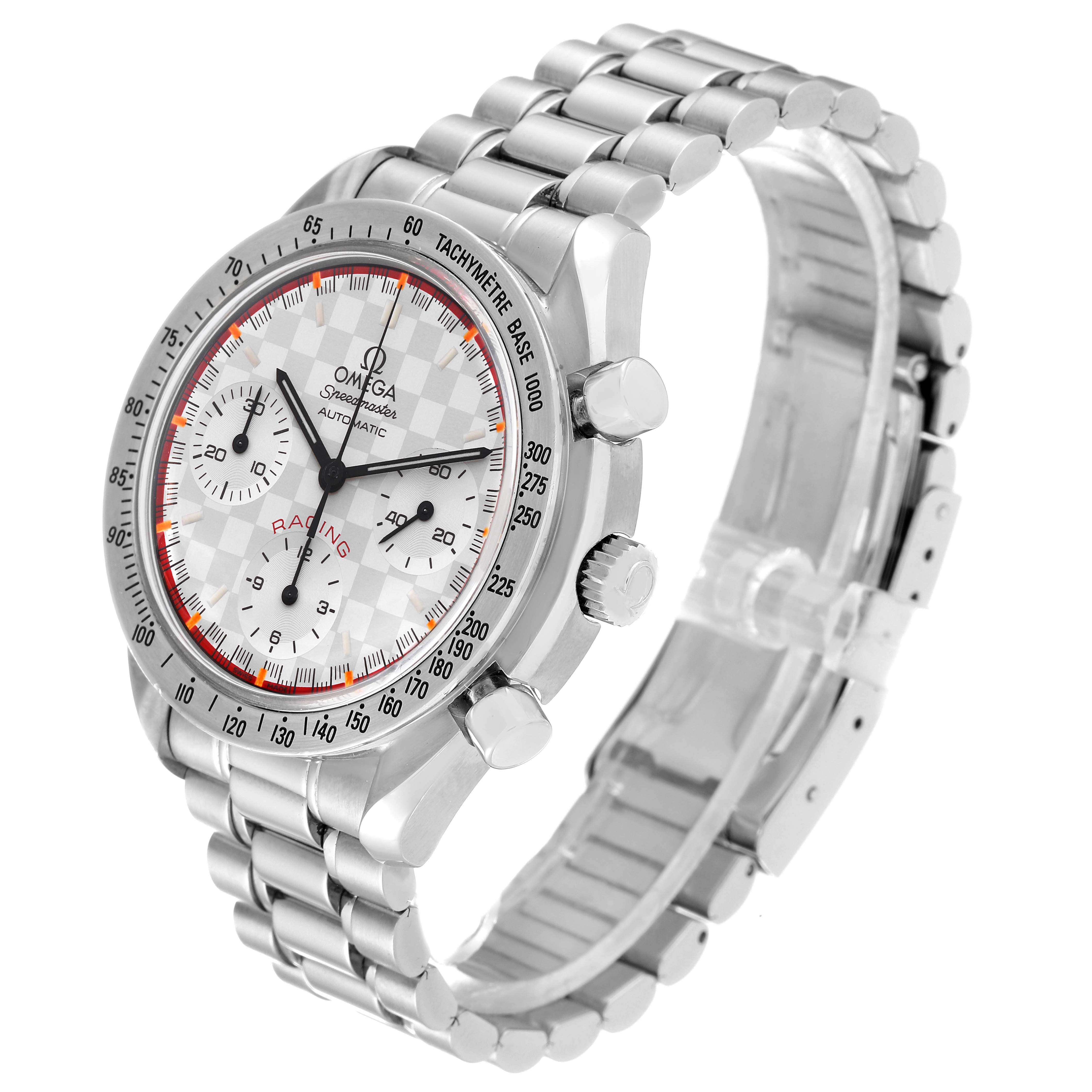 The Omega Speedmaster 3517.30.00 Men's Stainless Steel Silver Dial 3517.30.00 Men's Stainless Steel Silver Dial watch is shown at a three-quarter angle, displaying the dial, bezel, crown, pushers, and bracelet.