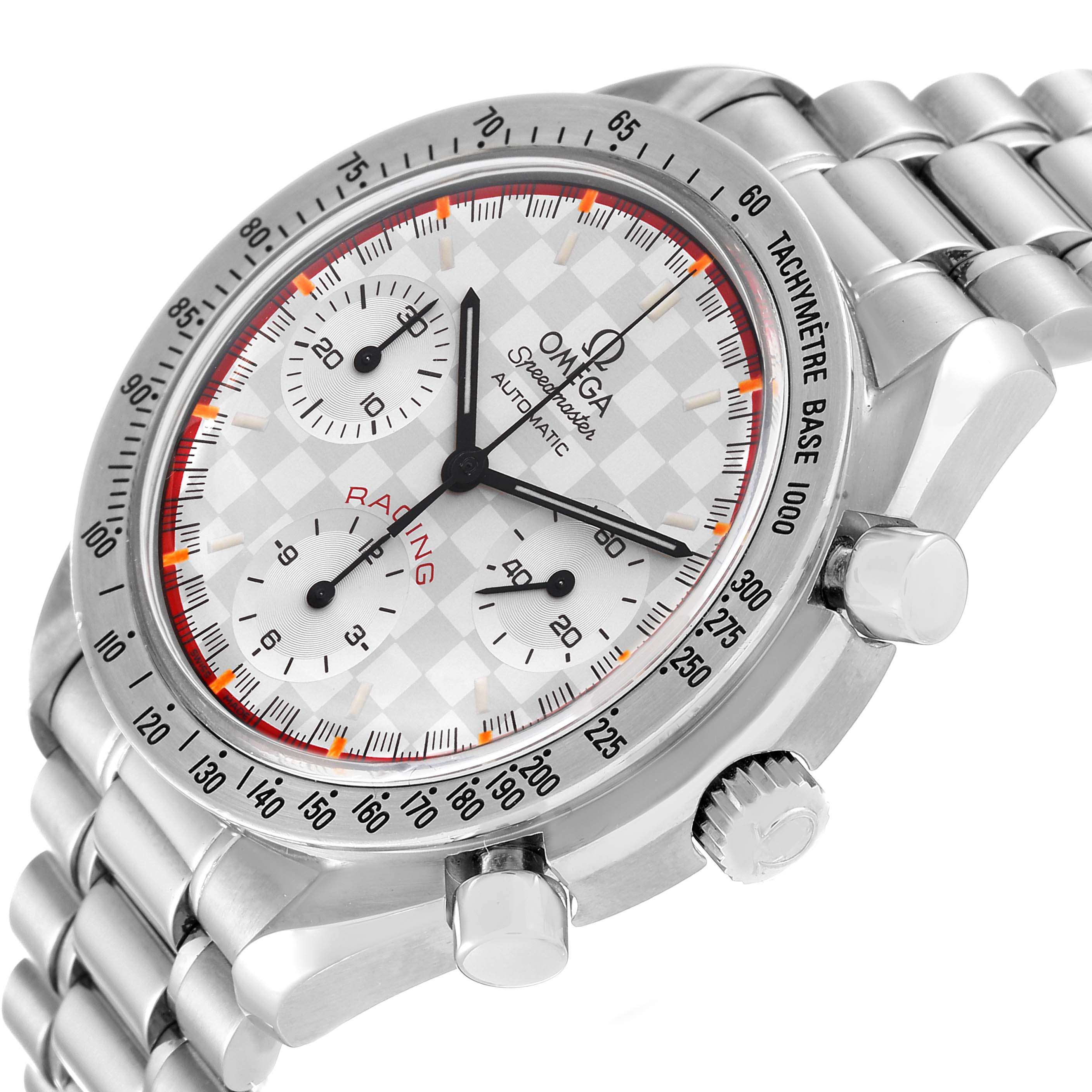 This Omega Speedmaster 3517.30.00 Men's Stainless Steel Silver Dial 3517.30.00 Men's Stainless Steel Silver Dial watch is shown from an angle highlighting its face, bezel, chronograph dials, and bracelet.