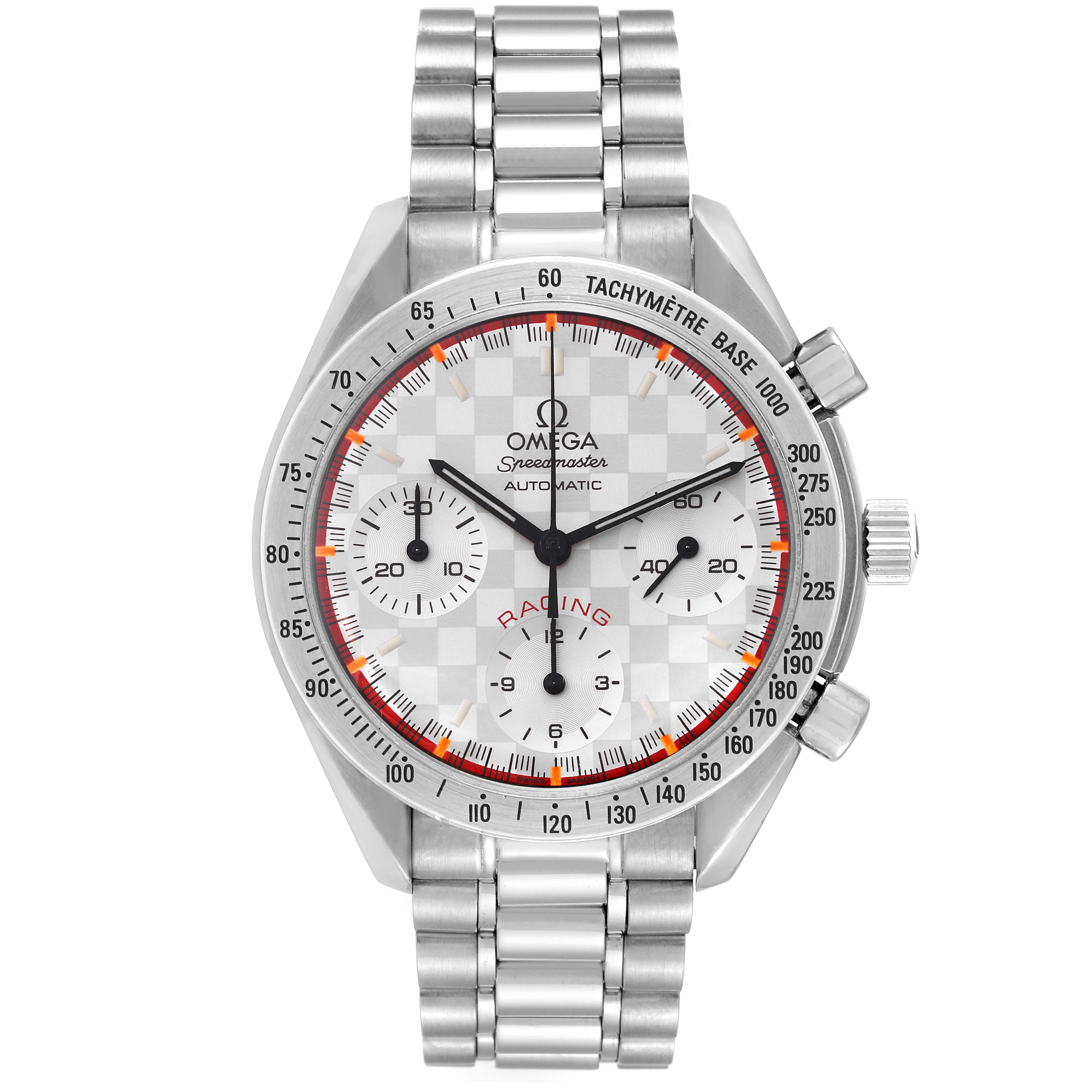 The image shows a front view of the Omega Speedmaster 3517.30.00 Men's Stainless Steel Silver Dial 3517.30.00 Men's Stainless Steel Silver Dial watch, including its dial, bezel, pushers, and stainless steel bracelet.