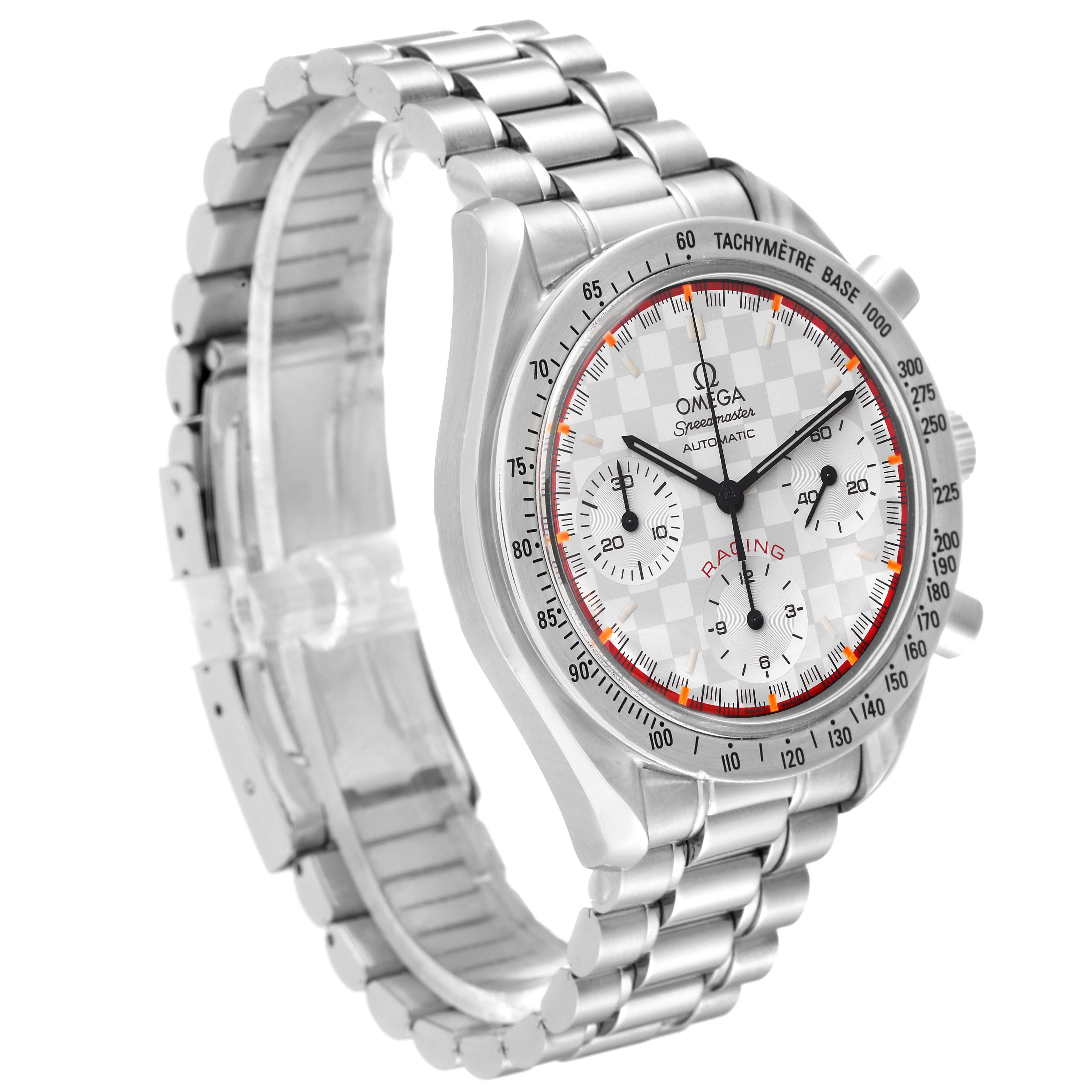 The Omega Speedmaster 3517.30.00 Men's Stainless Steel Silver Dial 3517.30.00 Men's Stainless Steel Silver Dial watch is shown at a 3/4 angle, highlighting the dial, bezel, and metal bracelet.