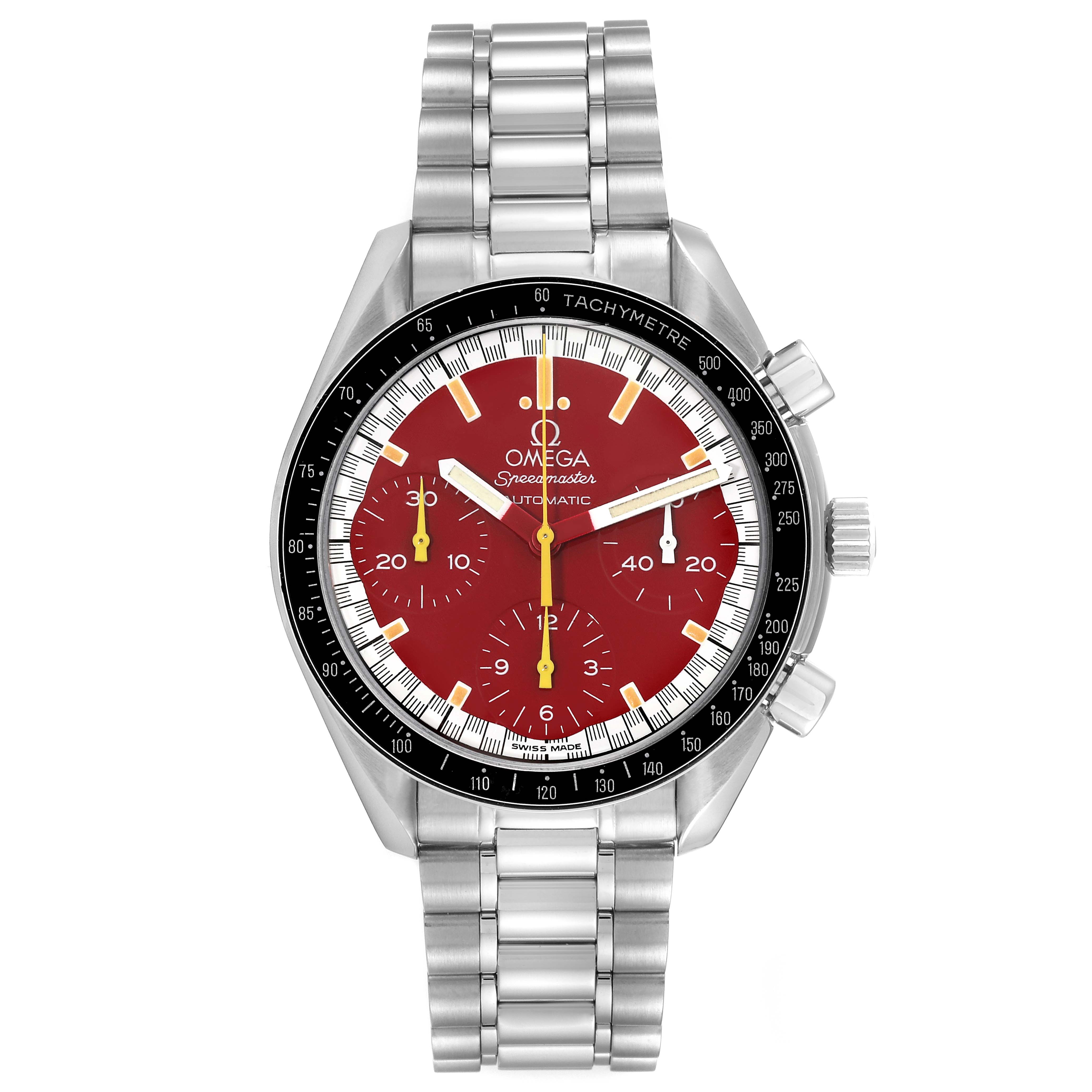 The image shows a front view of the Omega Speedmaster 3510.61.00 Men
s Stainless Steel Red Dial 3510.61.00 Men
s Stainless Steel Red Dial watch, highlighting the red dial, chronograph subdials, and stainless steel bracelet.