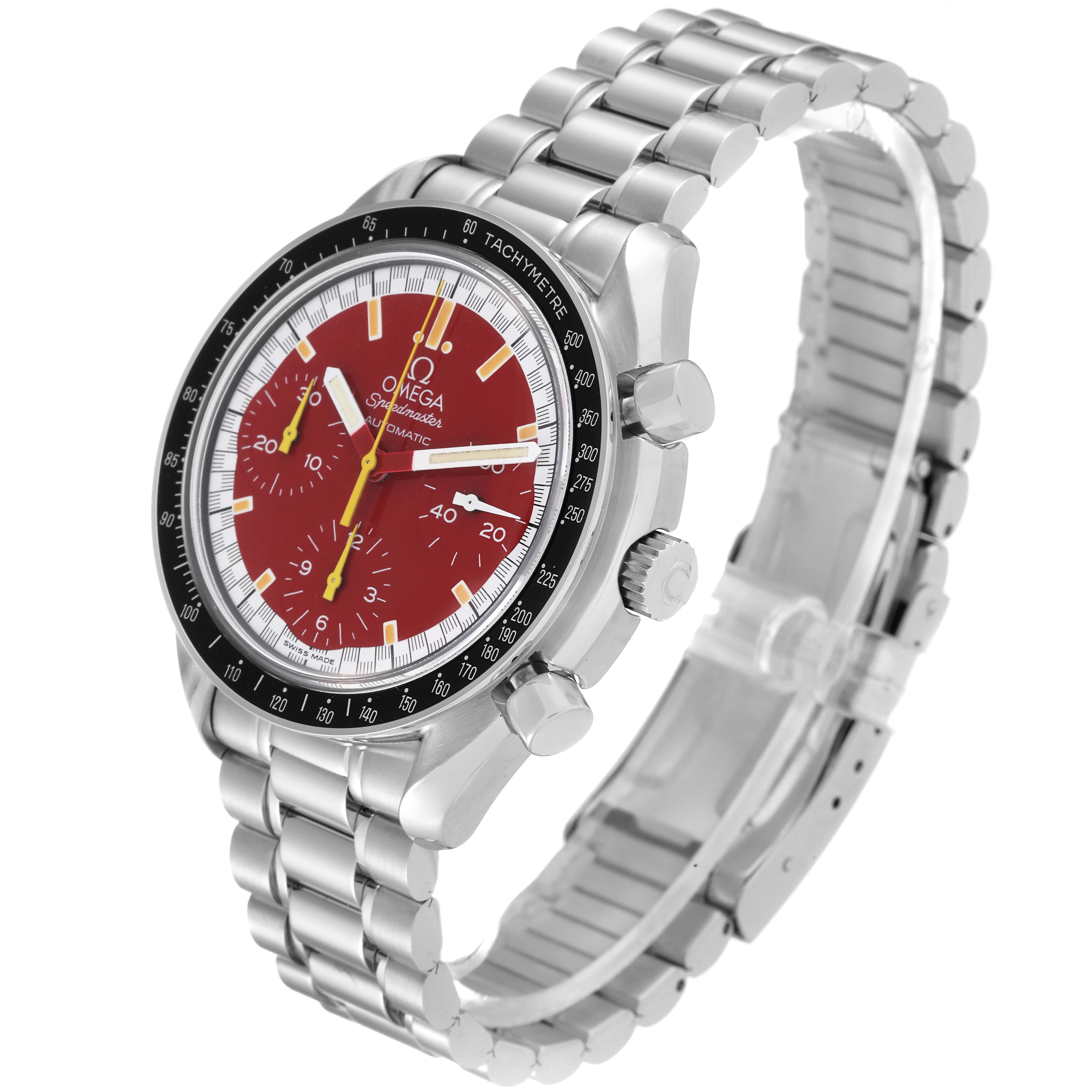 The image shows an Omega Speedmaster 3510.61.00 Men
s Stainless Steel Red Dial 3510.61.00 Men
s Stainless Steel Red Dial watch at a slight angle, highlighting the face, bezel, crown, pushers, and metal bracelet.