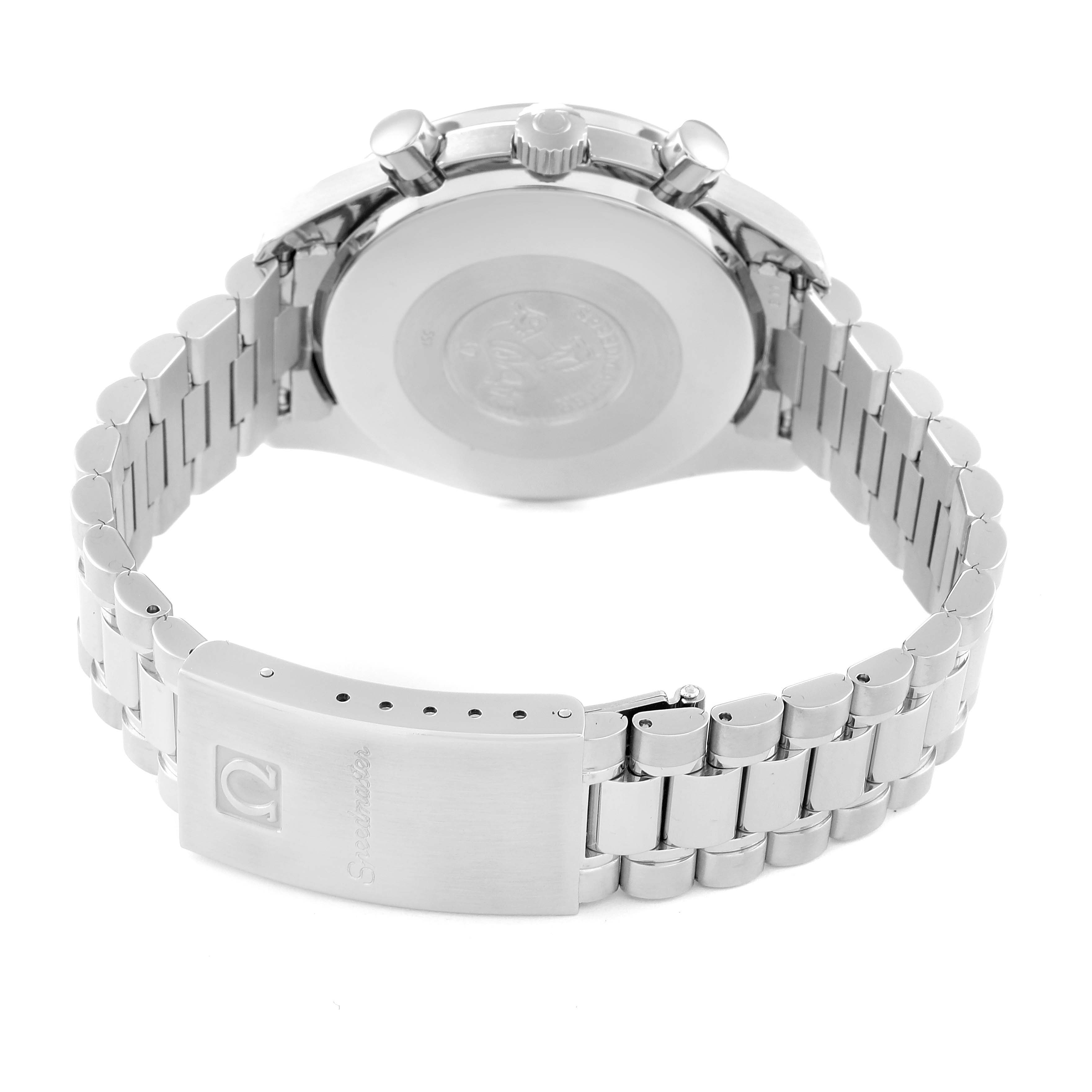 The image shows the back of an Omega Speedmaster 3510.61.00 Men
s Stainless Steel Red Dial 3510.61.00 Men
s Stainless Steel Red Dial watch, focusing on the bracelet, clasp, and case-back.