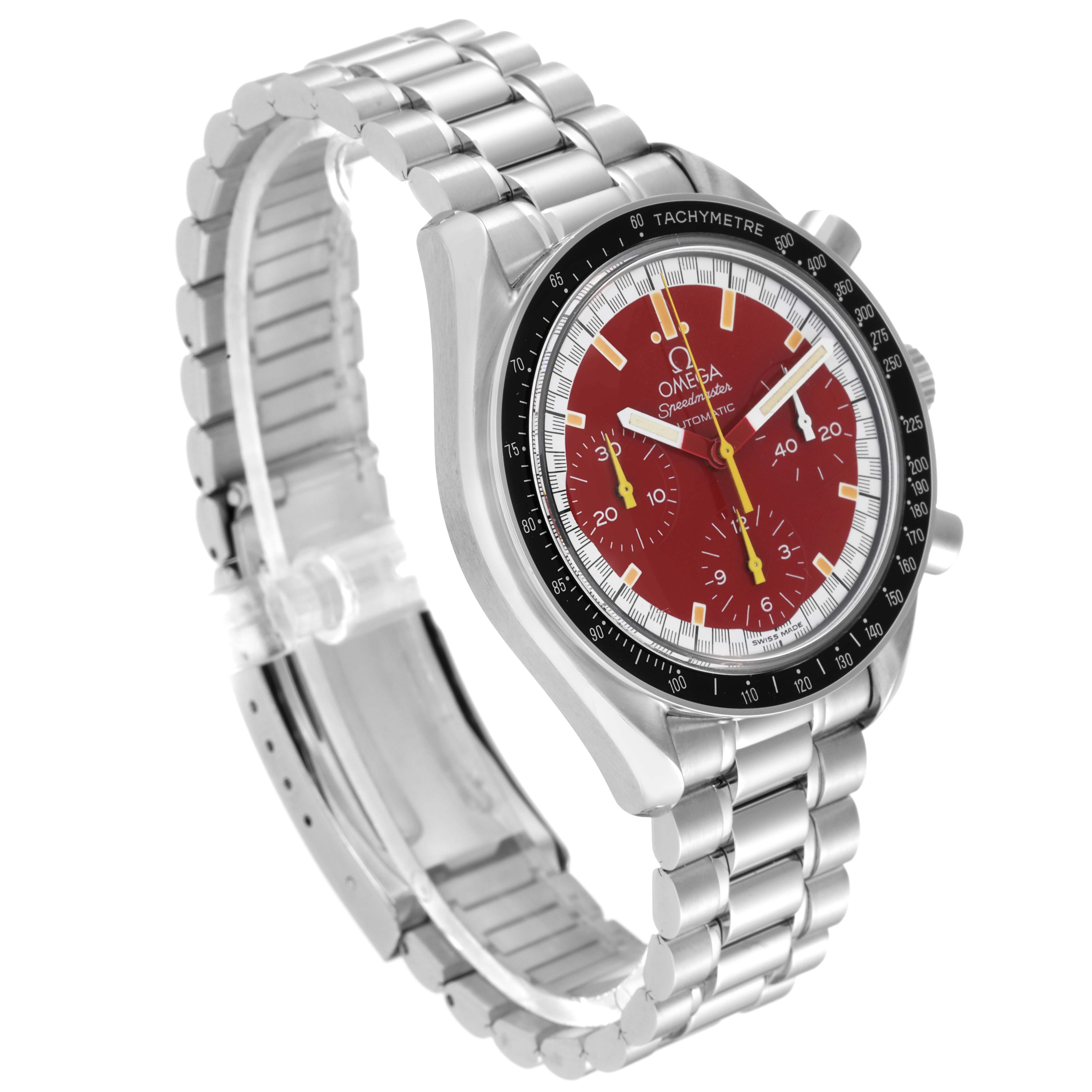The image shows a side angle of the Omega Speedmaster 3510.61.00 Men
s Stainless Steel Red Dial 3510.61.00 Men
s Stainless Steel Red Dial watch, highlighting its bracelet, bezel, and red dial.