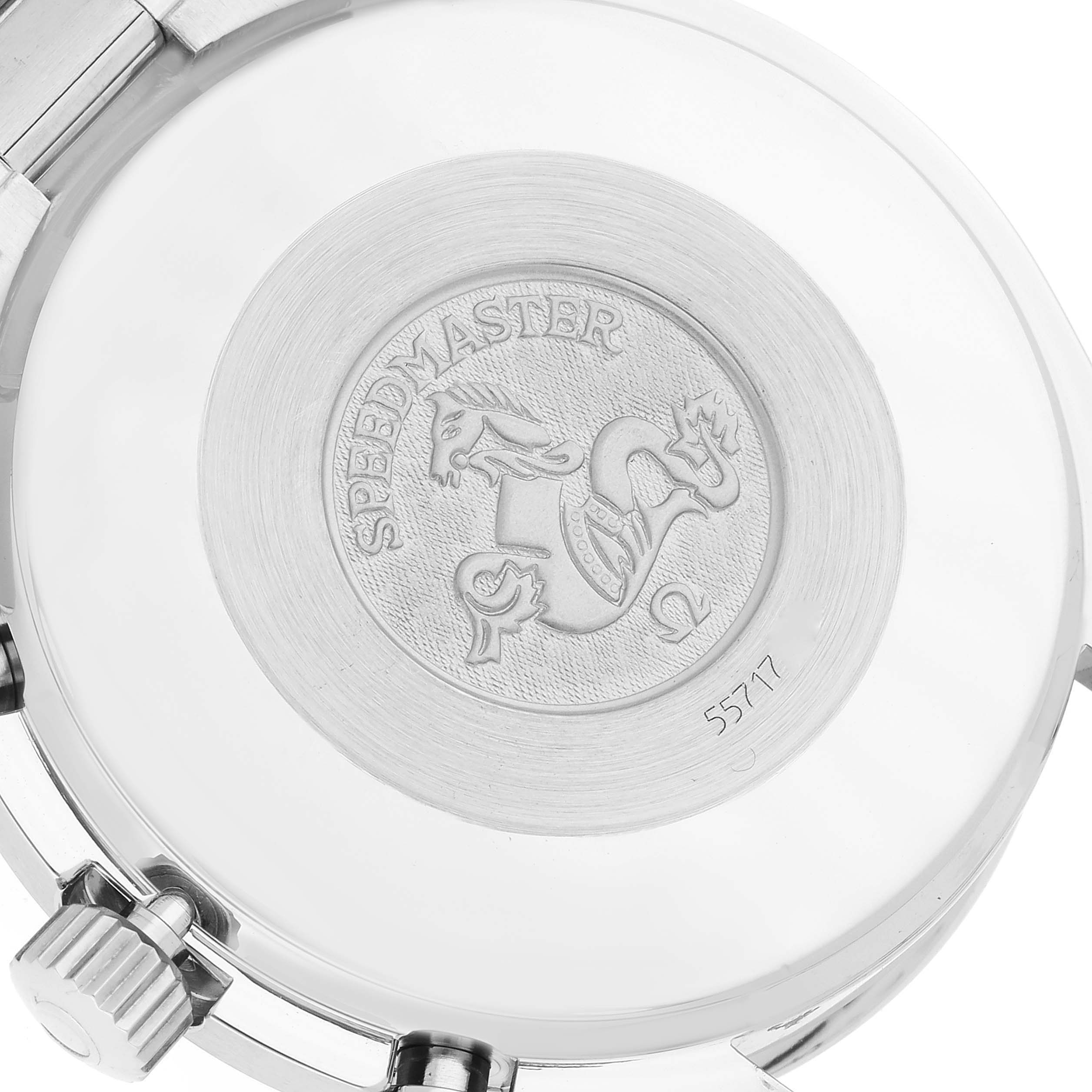 The image shows the case back of an Omega Speedmaster 3510.61.00 Men
s Stainless Steel Red Dial 3510.61.00 Men
s Stainless Steel Red Dial watch from a close-up angle.