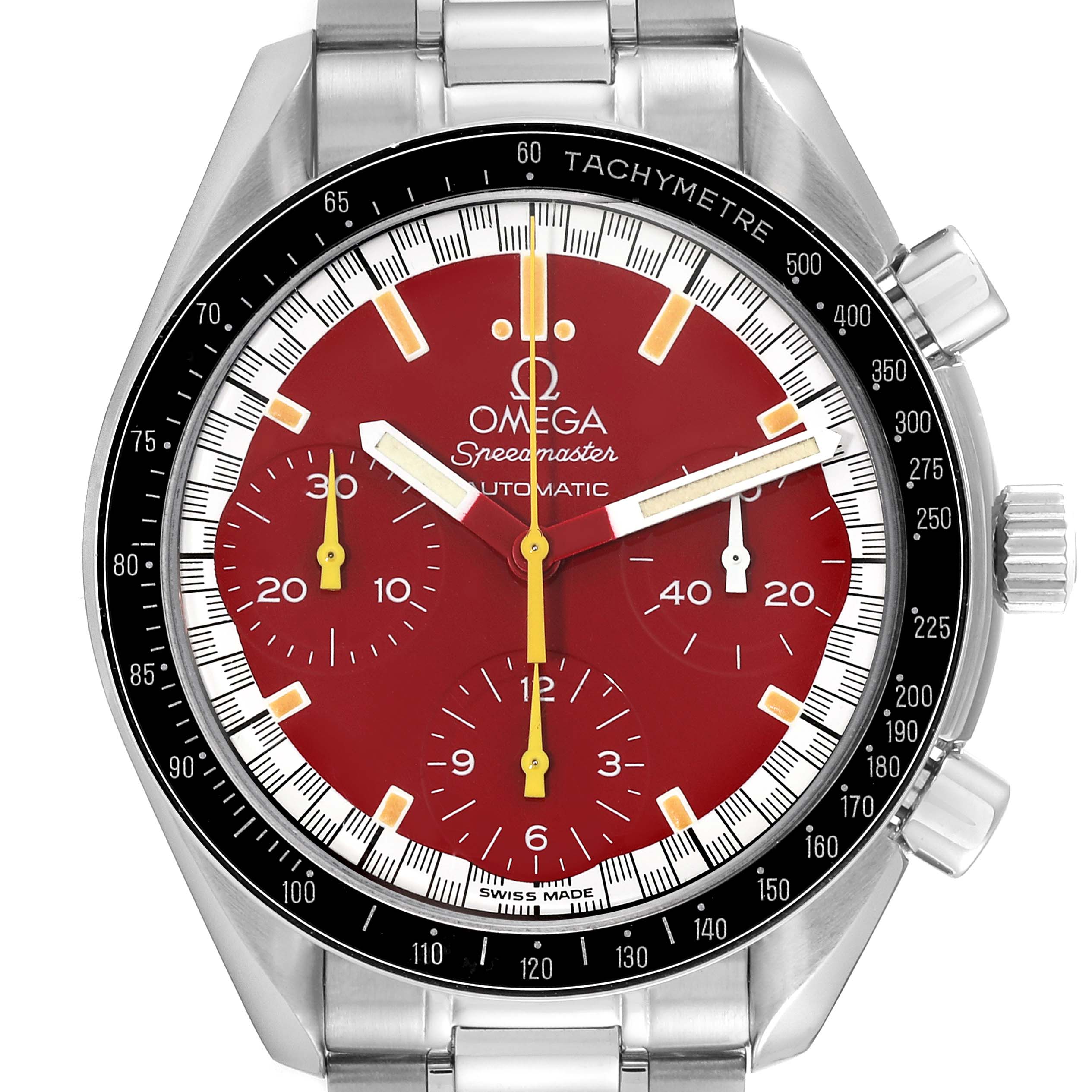 This image shows a front view of an Omega Speedmaster 3510.61.00 Men
s Stainless Steel Red Dial 3510.61.00 Men
s Stainless Steel Red Dial watch, displaying a red dial, tachymeter bezel, and stainless steel bracelet.