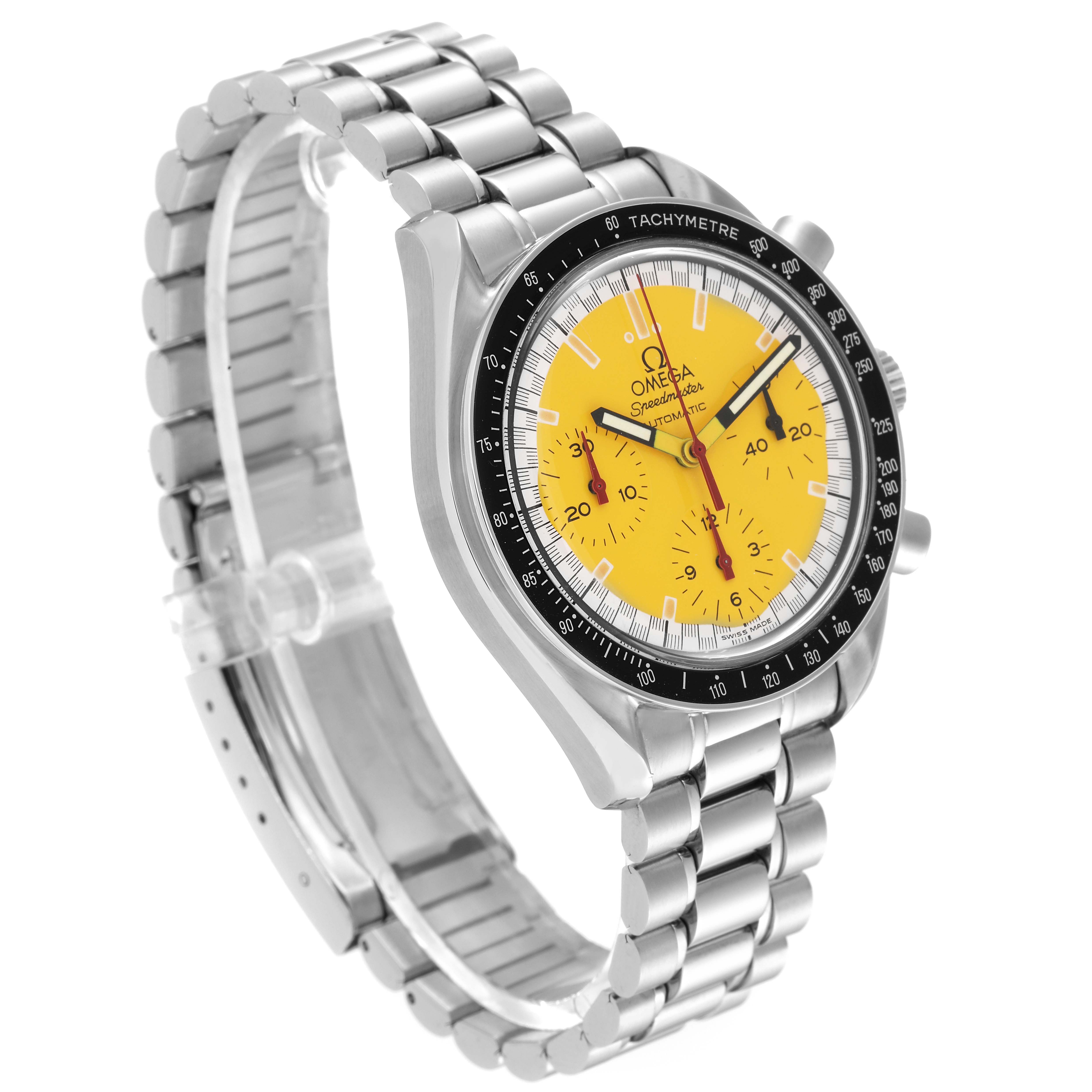 The Omega Speedmaster 3510.12.00 Men's Stainless Steel Yellow Dial 3510.12.00 Men's Stainless Steel Yellow Dial watch is shown at a slight angle, featuring the yellow dial, chronograph subdials, tachymeter bezel, and stainless steel bracelet.