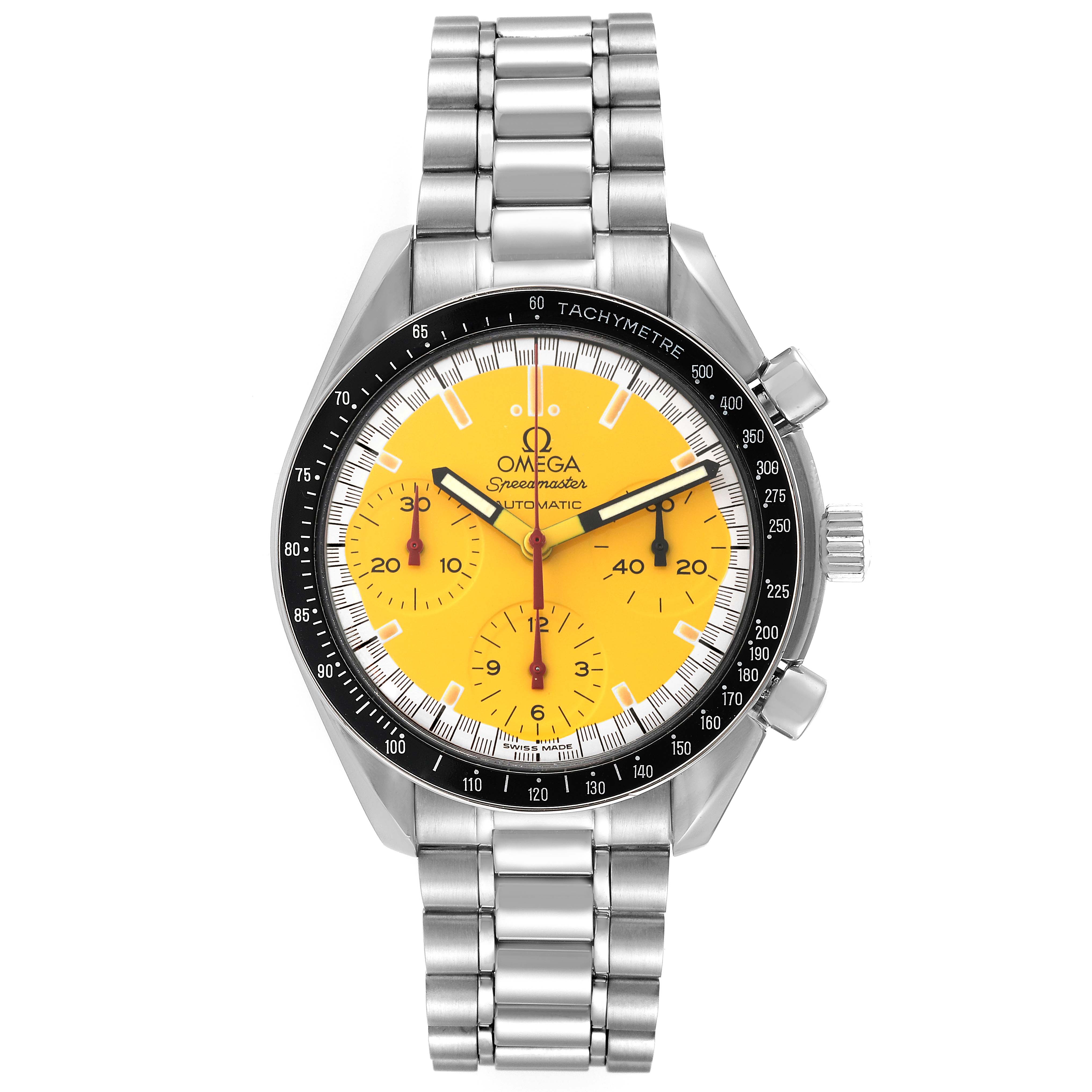 This Omega Speedmaster 3510.12.00 Men's Stainless Steel Yellow Dial 3510.12.00 Men's Stainless Steel Yellow Dial watch is shown from a front angle, displaying the yellow dial, chronographs, bezel, crown, and metal bracelet.