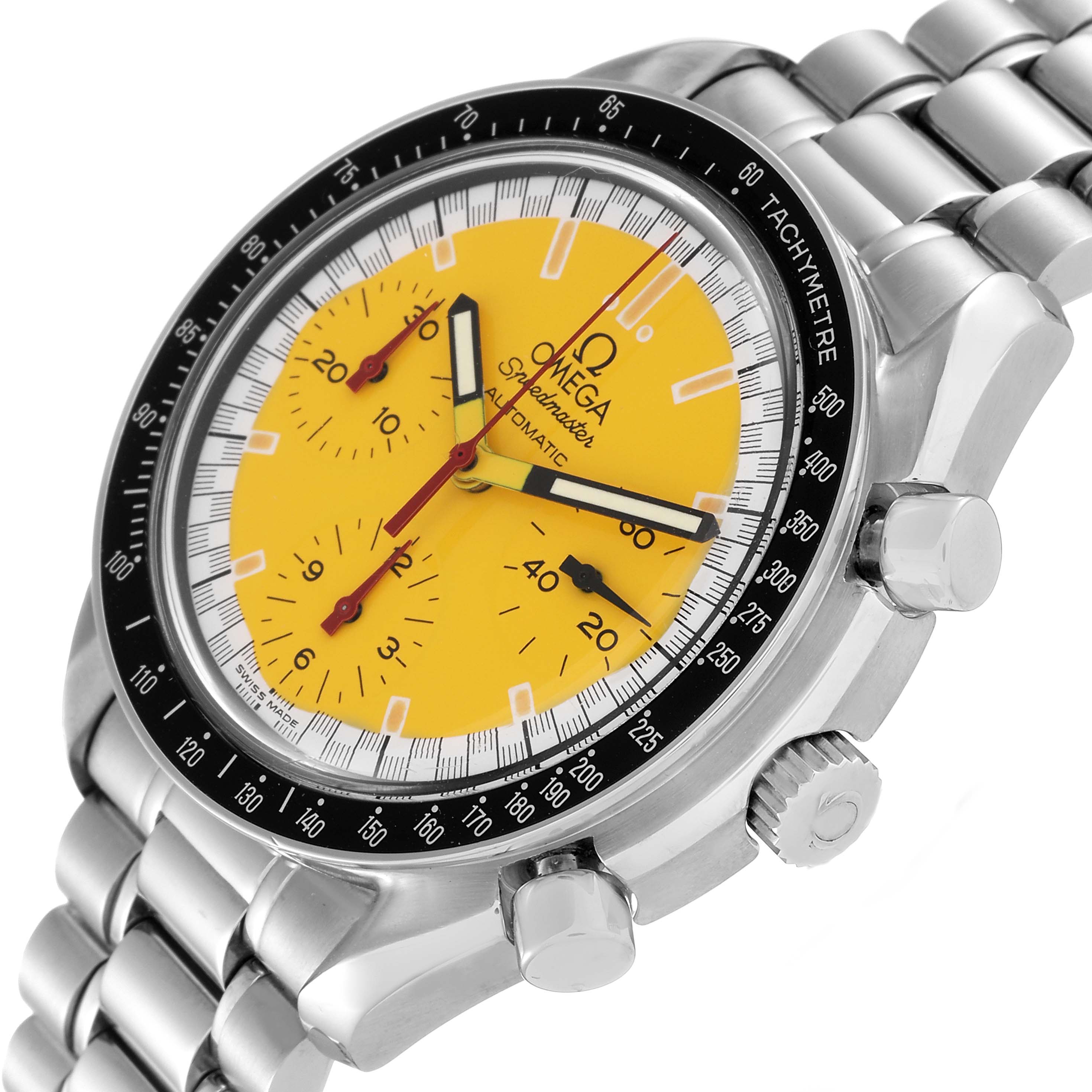 The image shows an Omega Speedmaster 3510.12.00 Men's Stainless Steel Yellow Dial 3510.12.00 Men's Stainless Steel Yellow Dial watch angled from the top right, emphasizing the yellow dial, tachymeter bezel, and stainless steel bracelet.