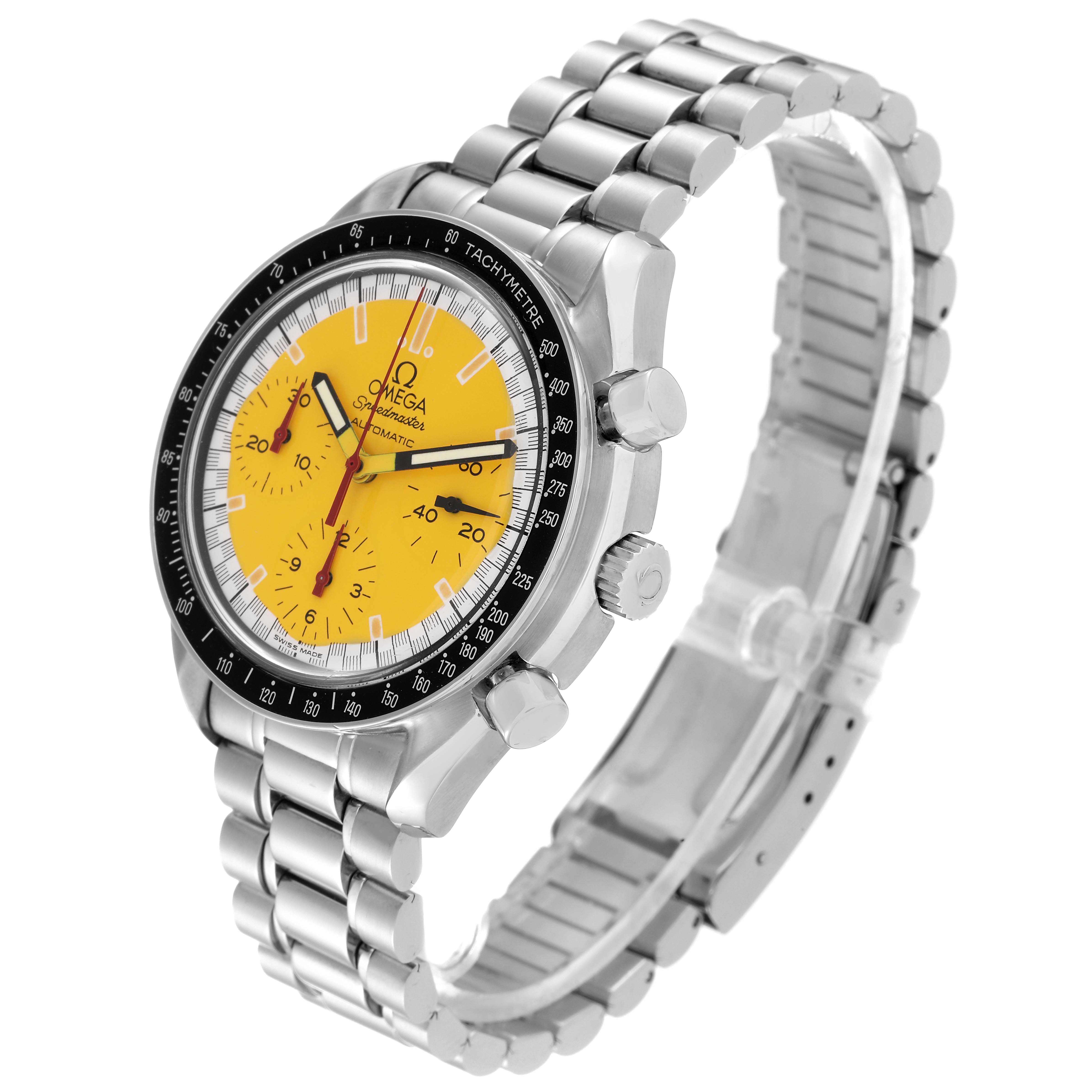 The Omega Speedmaster 3510.12.00 Men's Stainless Steel Yellow Dial 3510.12.00 Men's Stainless Steel Yellow Dial watch is shown at a three-quarter angle, revealing its yellow dial, bezel, crown, pushers, and metal bracelet.