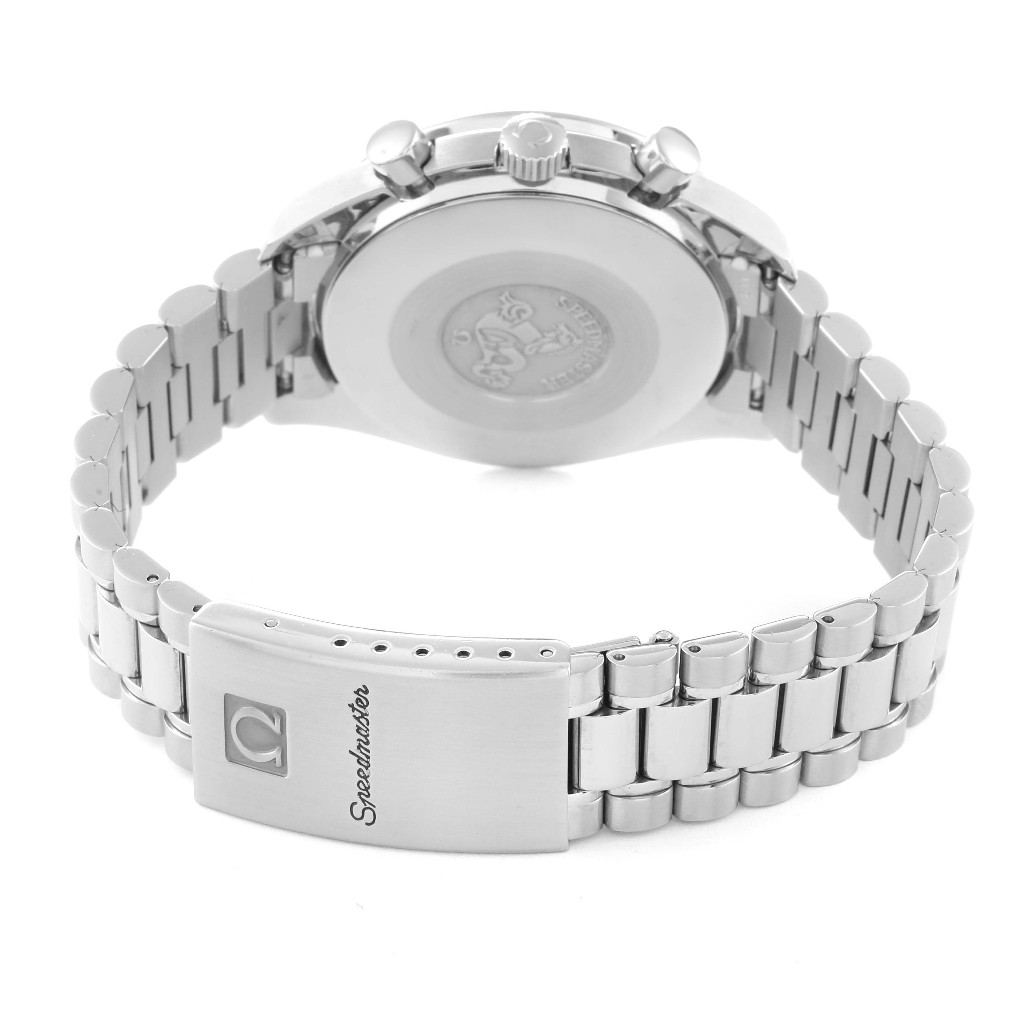 The image shows the back view of an Omega Speedmaster 3510.12.00 Men's Stainless Steel Yellow Dial 3510.12.00 Men's Stainless Steel Yellow Dial watch, focusing on the case back, crown, and the bracelet with the clasp.