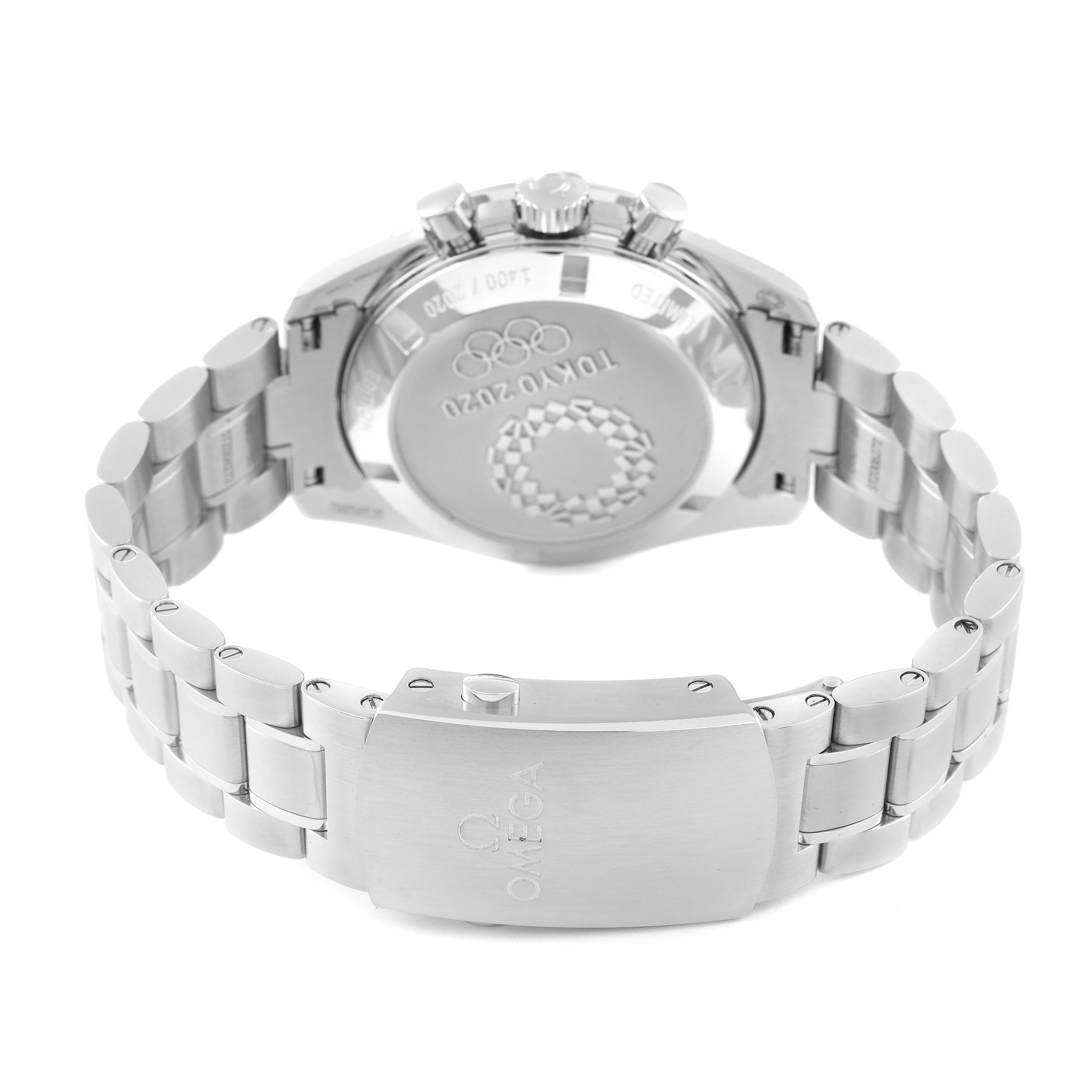 The image shows the case back and bracelet clasp of an Omega Speedmaster 522.30.42.30.06.001 Men's Stainless Steel Silver Dial 522.30.42.30.06.001 Men's Stainless Steel Silver Dial watch at a rear angle.