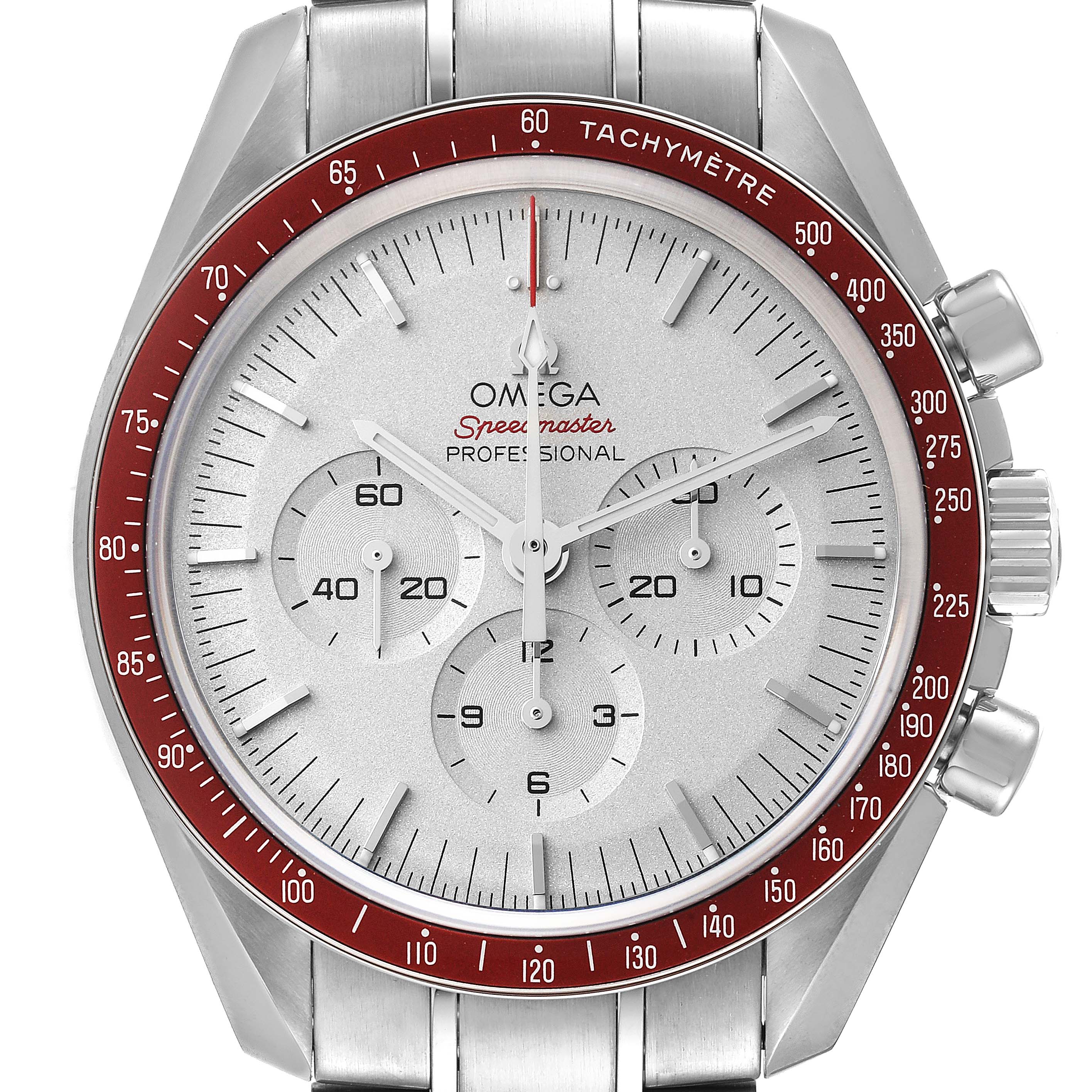 The image shows a front view of an Omega Speedmaster 522.30.42.30.06.001 Men's Stainless Steel Silver Dial 522.30.42.30.06.001 Men's Stainless Steel Silver Dial watch, highlighting the dial, subdials, tachymeter bezel, and stainless steel bracelet.