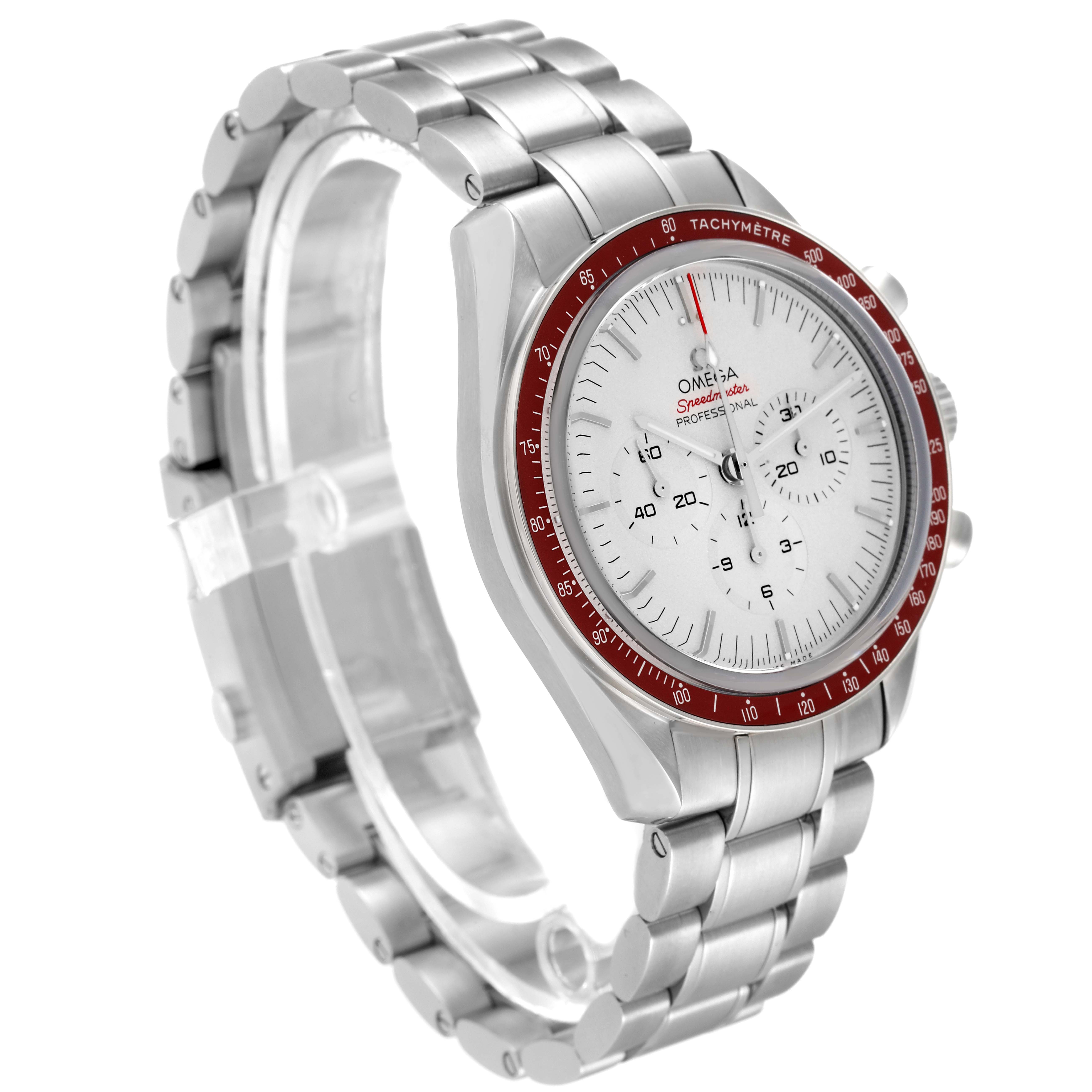 This image shows an Omega Speedmaster 522.30.42.30.06.001 Men's Stainless Steel Silver Dial 522.30.42.30.06.001 Men's Stainless Steel Silver Dial watch at a three-quarter angle, displaying its face, bracelet, bezel, and side buttons.