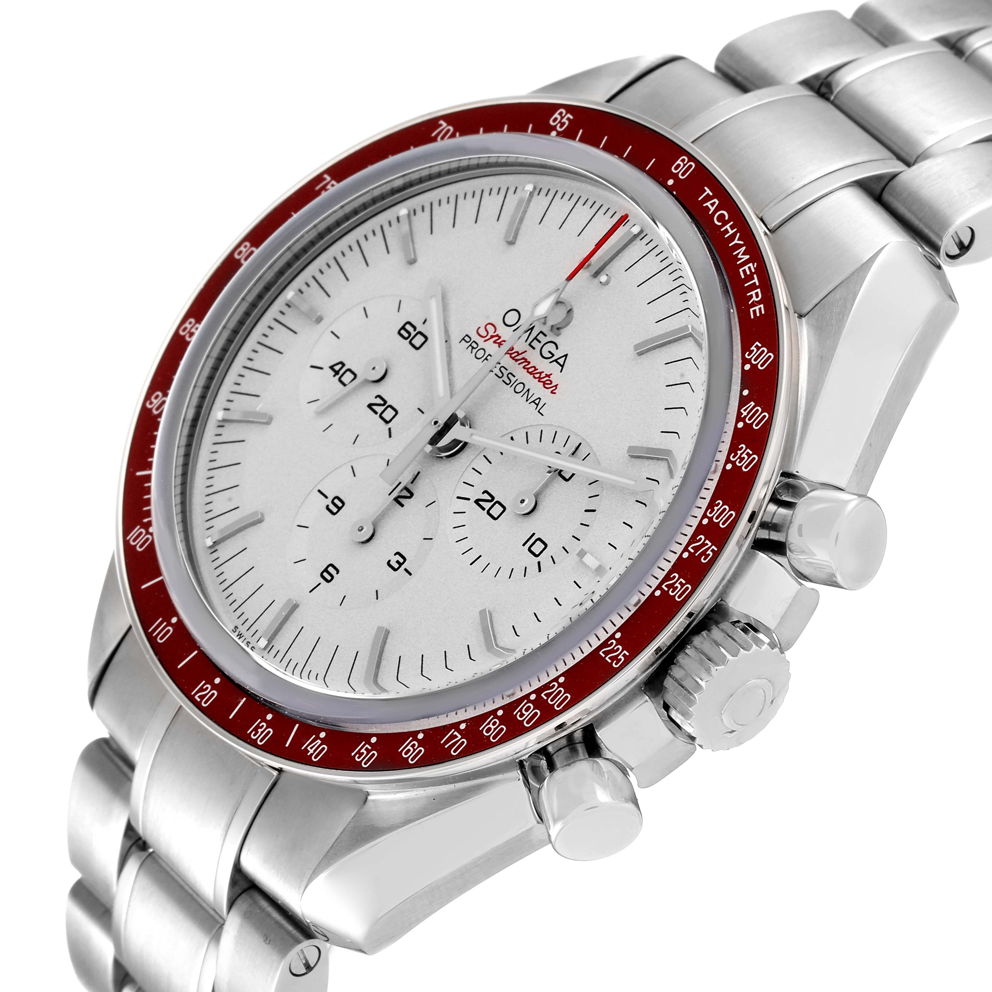 The image shows a close-up angled view of the dial, bezel, and side buttons of an Omega Speedmaster 522.30.42.30.06.001 Men's Stainless Steel Silver Dial 522.30.42.30.06.001 Men's Stainless Steel Silver Dial watch.