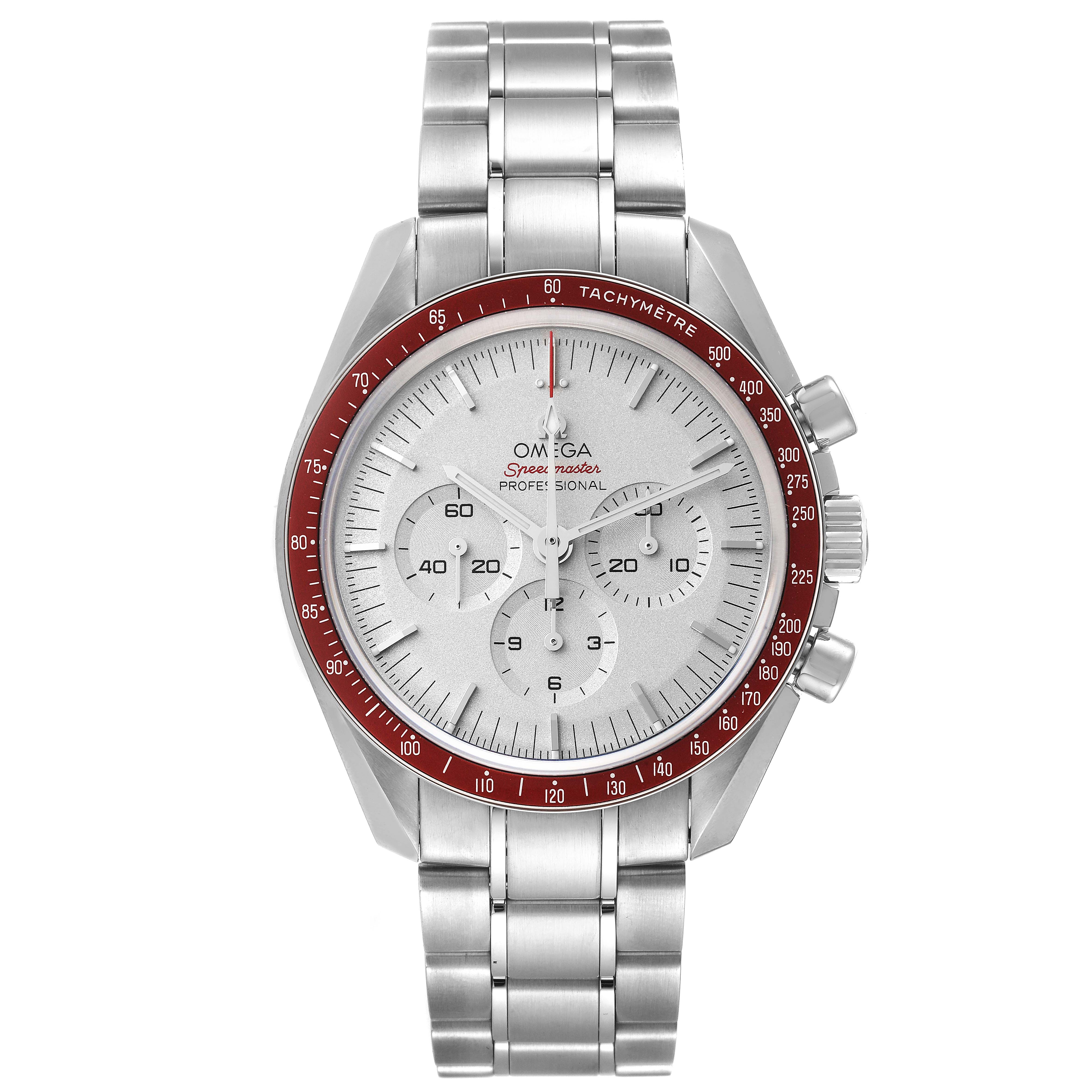 This image shows a front view of an Omega Speedmaster 522.30.42.30.06.001 Men's Stainless Steel Silver Dial 522.30.42.30.06.001 Men's Stainless Steel Silver Dial watch, highlighting the dial, bezels, sub-dials, and bracelet.