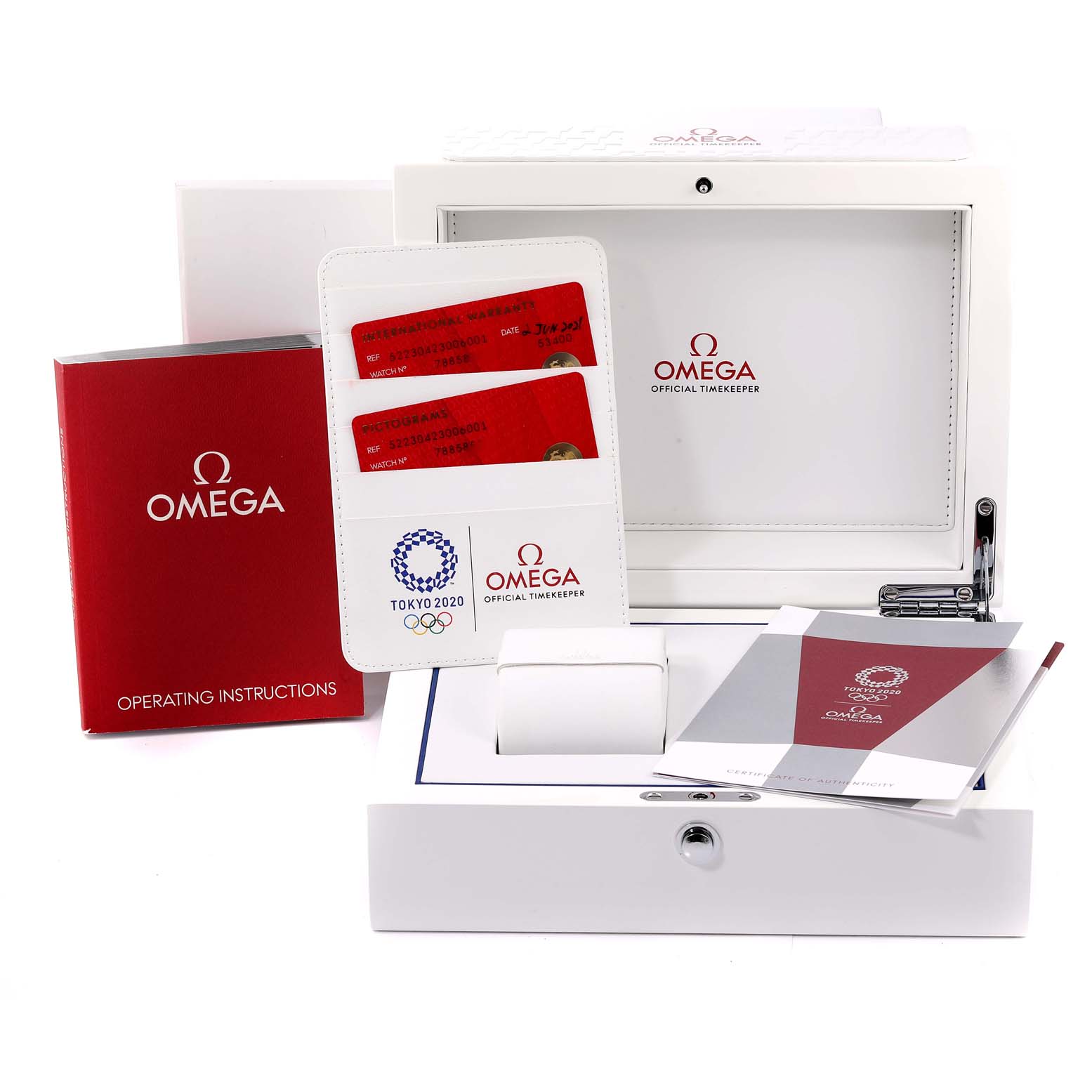 The image shows the packaging, booklets, warranty cards, and accessories for the Omega Speedmaster 522.30.42.30.06.001 Men's Stainless Steel Silver Dial 522.30.42.30.06.001 Men's Stainless Steel Silver Dial watch.