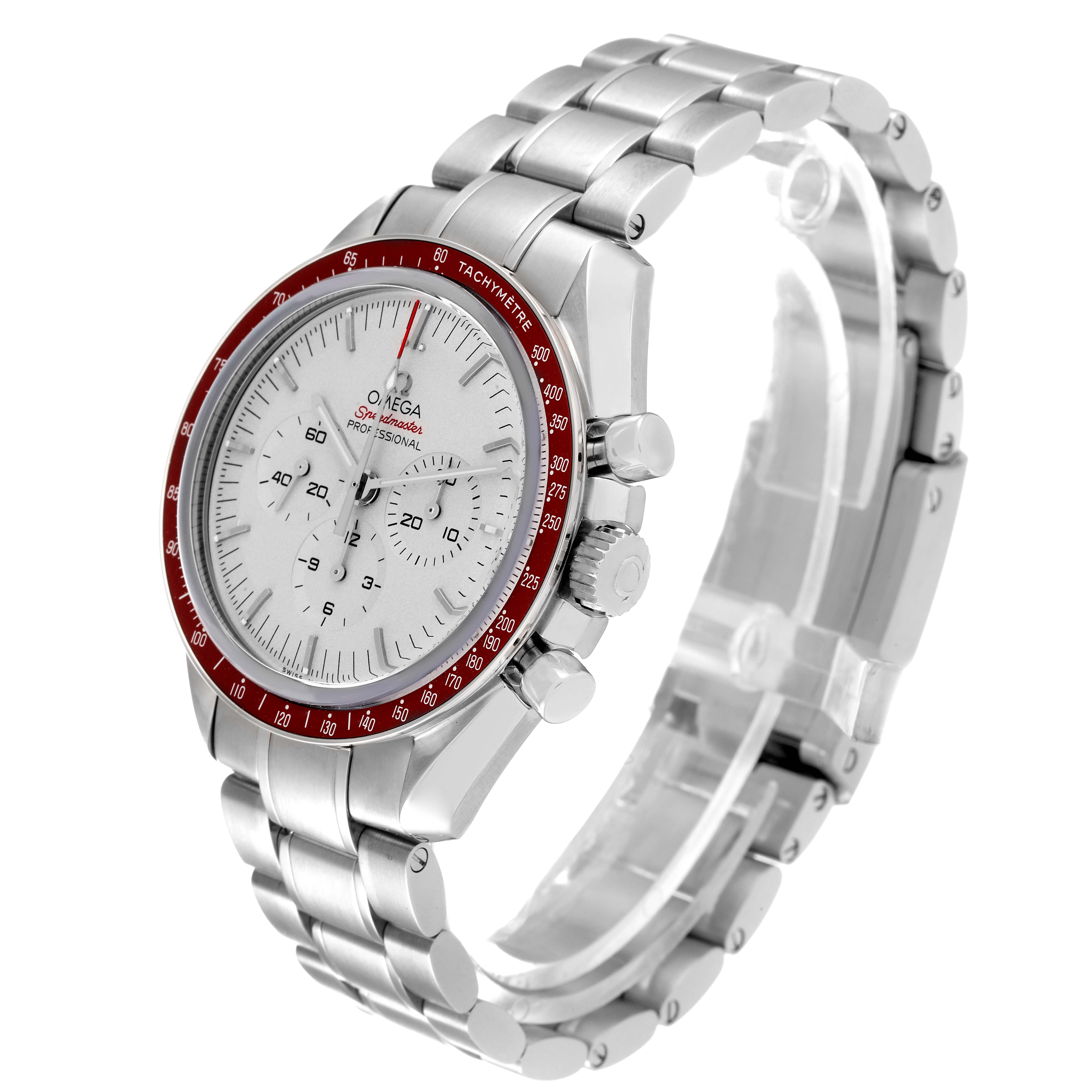 The Omega Speedmaster 522.30.42.30.06.001 Men's Stainless Steel Silver Dial 522.30.42.30.06.001 Men's Stainless Steel Silver Dial watch is shown at a three-quarter angle, displaying the face, bezel, and metal bracelet.