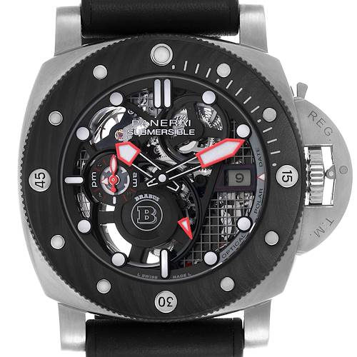 The Panerai Submersible watch is shown from a front angle, displaying its dial, hands, and bezel.