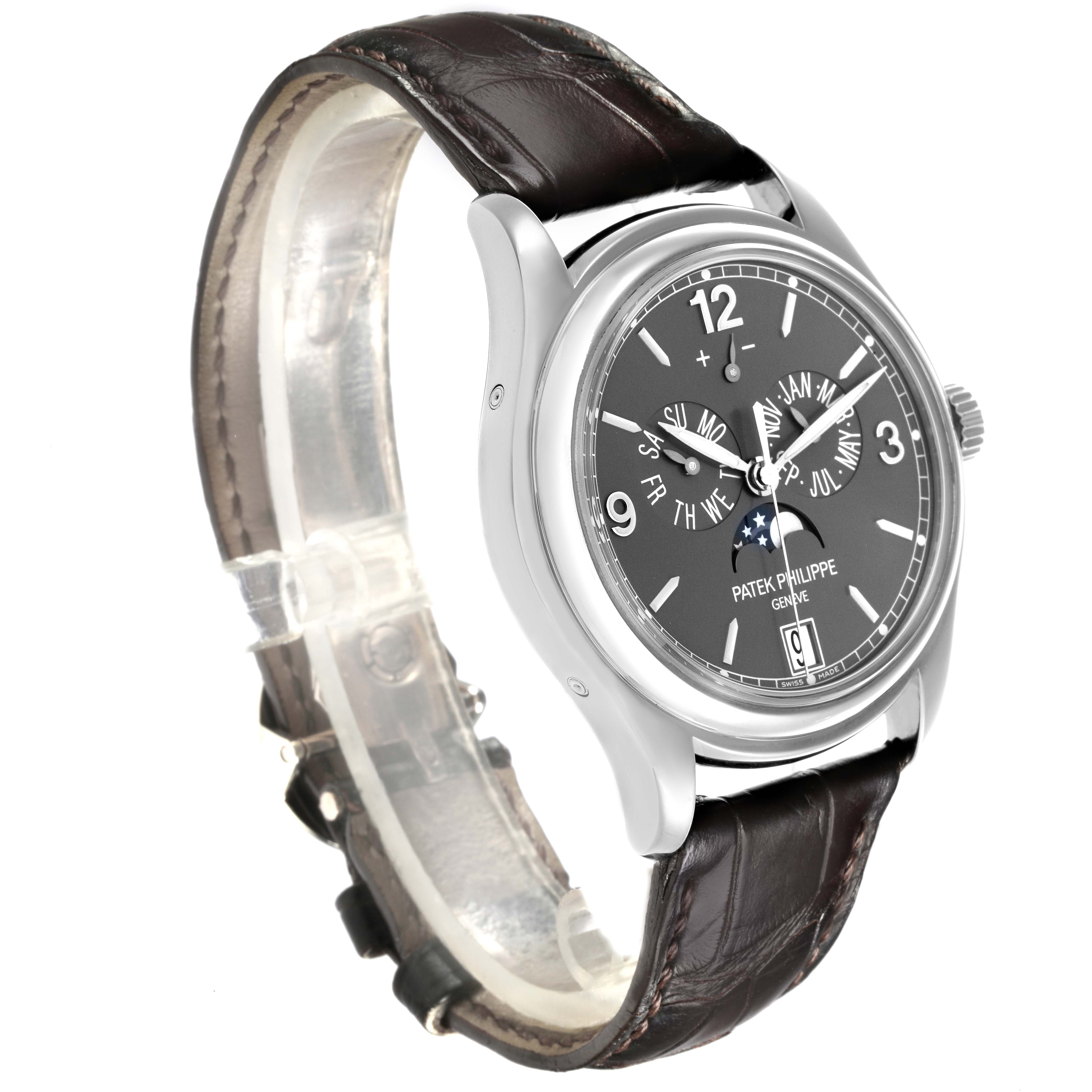 The Patek Philippe Complications 5146G Men's White Gold Grey Dial 5146G Men's White Gold Grey Dial watch is shown at a three-quarter angle displaying the face, bezel, crown, and leather strap.