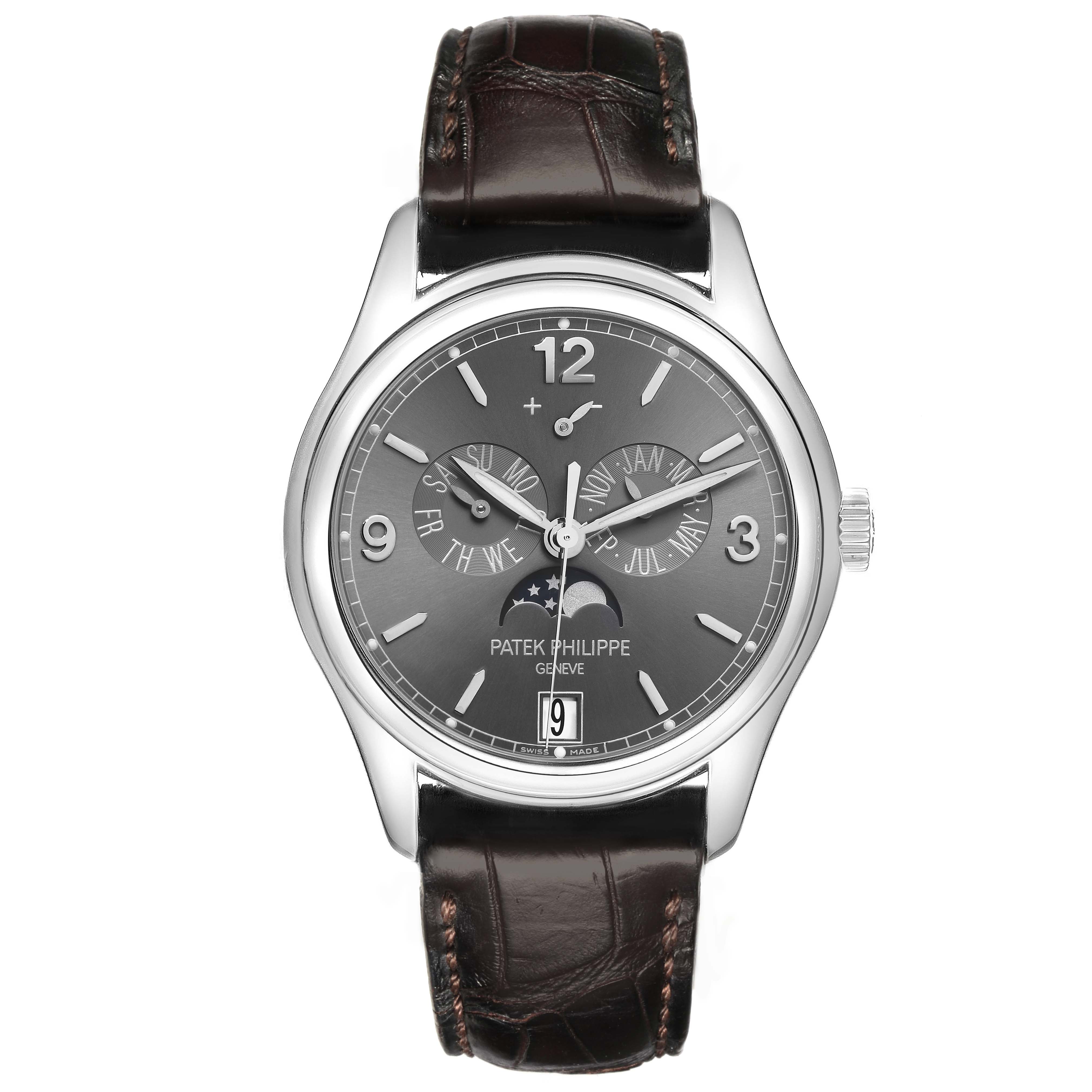 The Patek Philippe Complications 5146G Men's White Gold Grey Dial 5146G Men's White Gold Grey Dial watch is shown from a top-down angle, highlighting the dial, case, and strap.