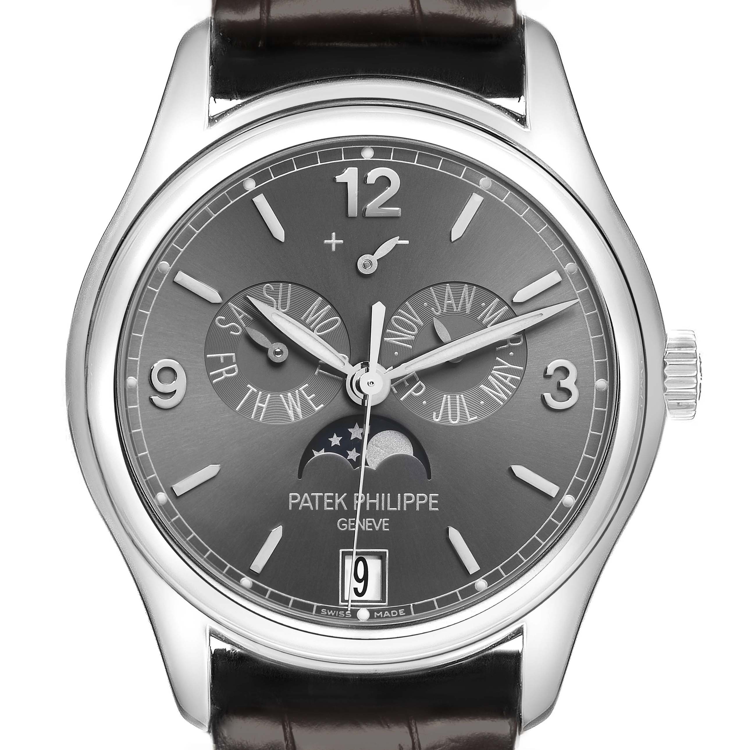 The Patek Philippe Complications 5146G Men's White Gold Grey Dial 5146G Men's White Gold Grey Dial watch is shown from the front, displaying the dial, moon phase, and calendar subdials.