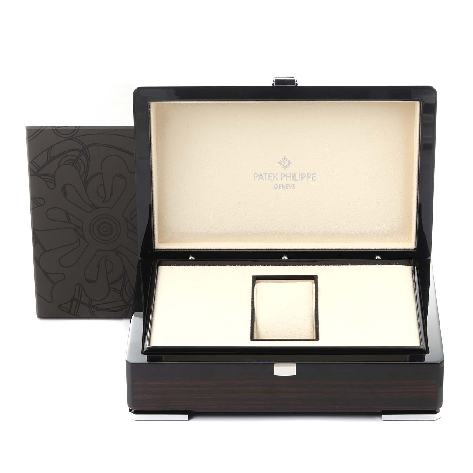 The image shows an open Patek Philippe Complications 5146G Men's White Gold Grey Dial 5146G Men's White Gold Grey Dial watch box, with an elegant interior and branded lid.