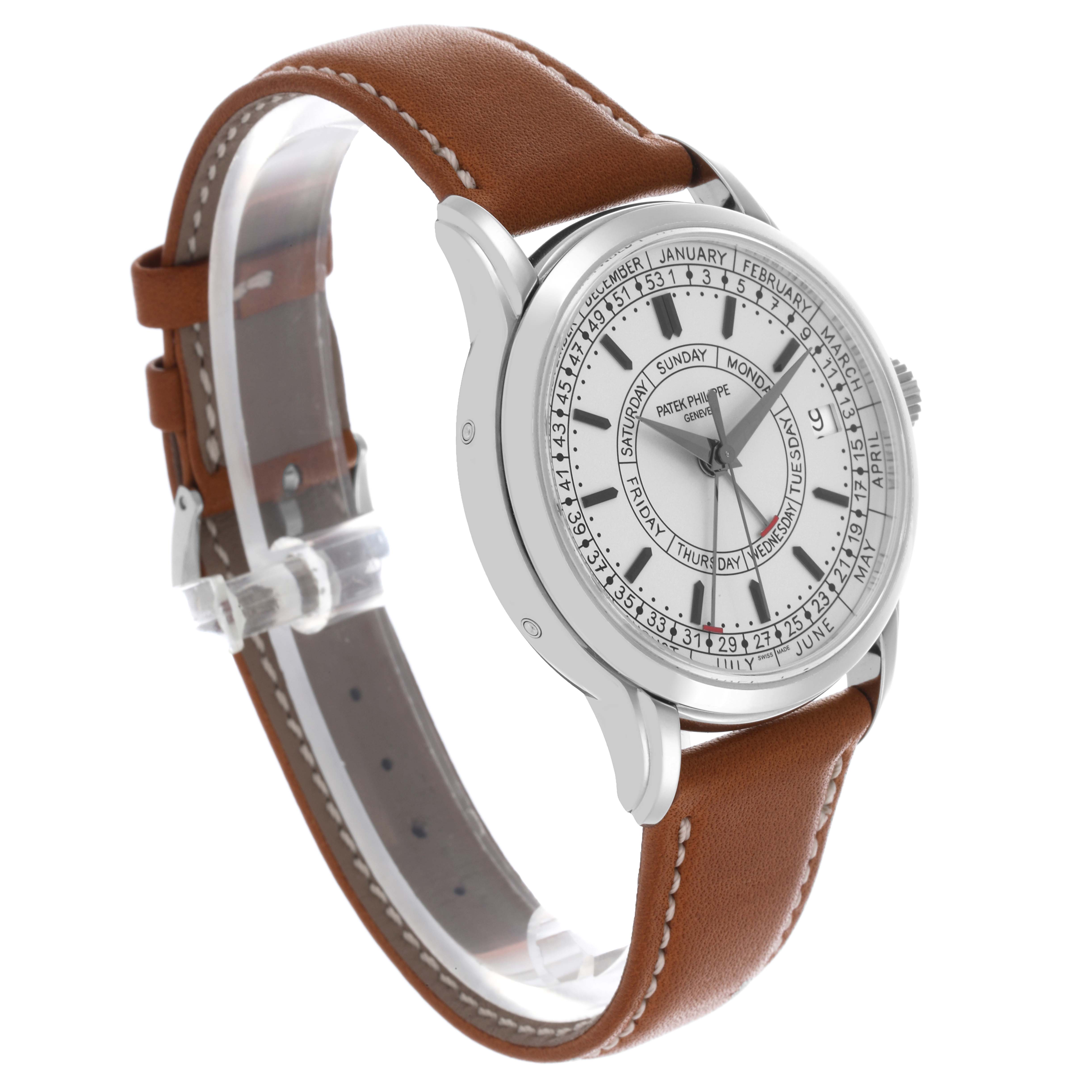 The Patek Philippe Complications 5212A-001 Men's Stainless Steel Silver Dial 5212A-001 Men's Stainless Steel Silver Dial watch is shown at a side angle, highlighting the face, case, and brown leather strap.