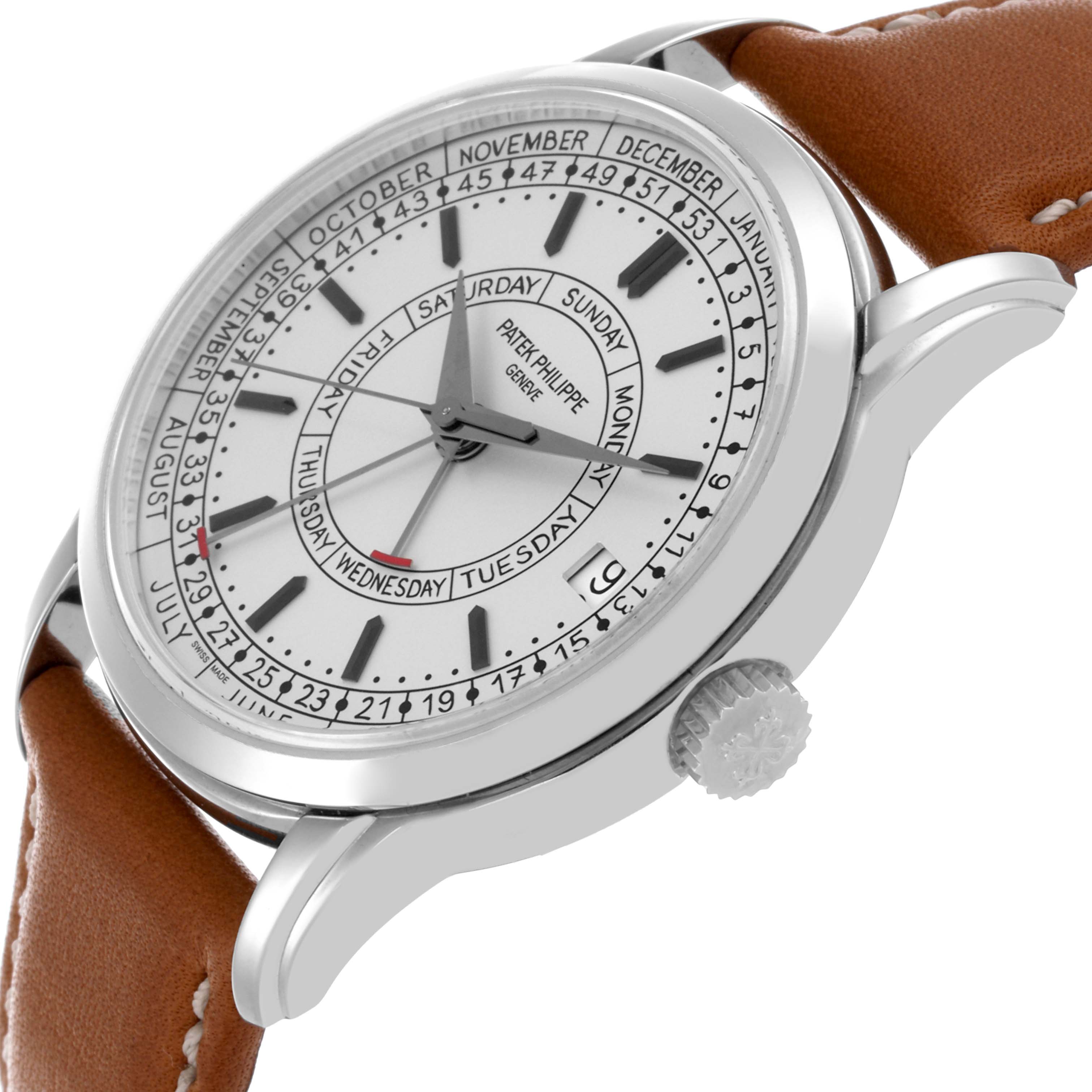 The Patek Philippe Complications 5212A-001 Men's Stainless Steel Silver Dial 5212A-001 Men's Stainless Steel Silver Dial watch is shown from a top-side angle, displaying the dial, bezel, crown, and leather strap.