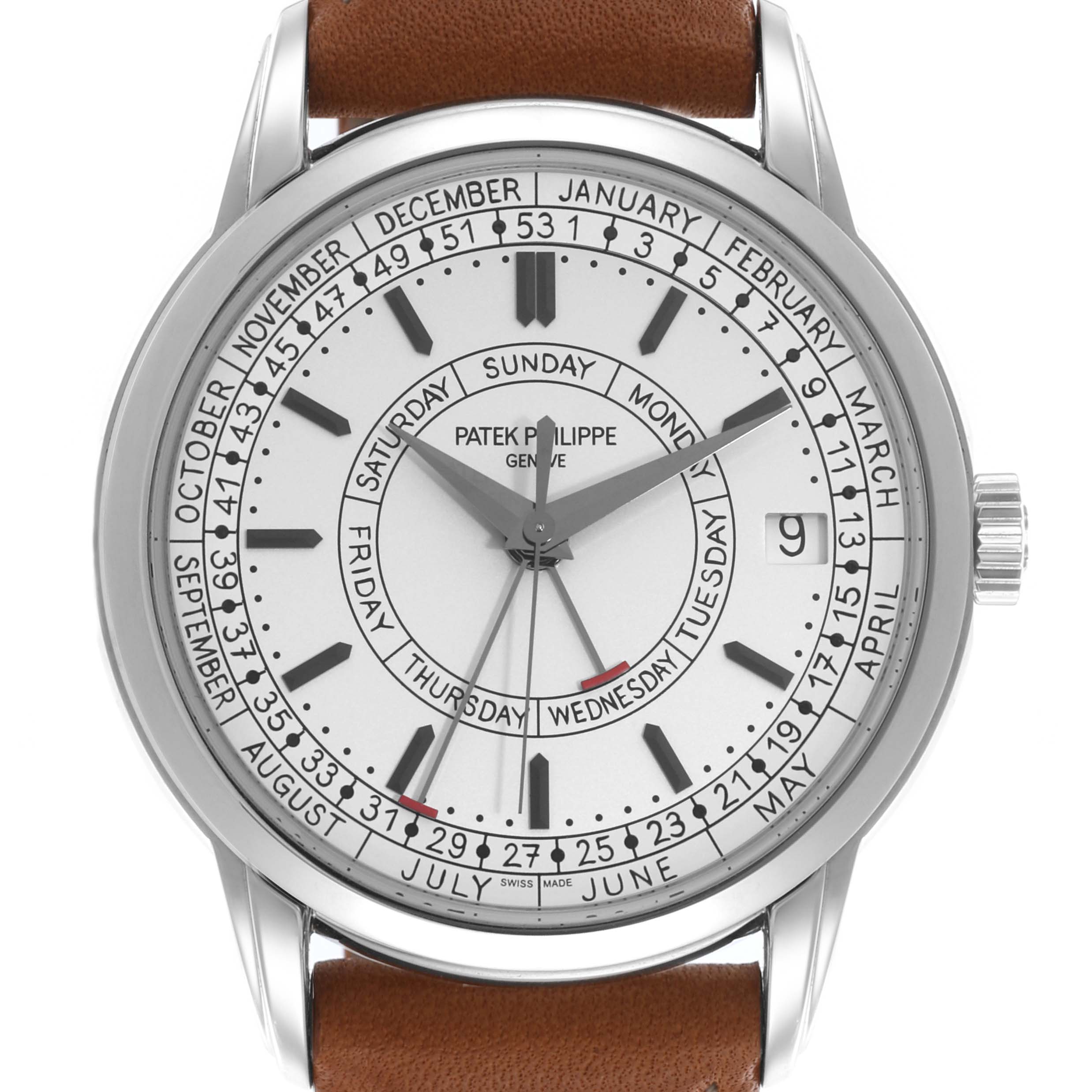 The Patek Philippe Complications 5212A-001 Men's Stainless Steel Silver Dial 5212A-001 Men's Stainless Steel Silver Dial watch is shown head-on, highlighting the dial with date, month, and day indicators.