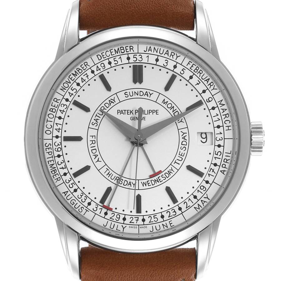 The Patek Philippe Complications watch is shown head-on, highlighting the dial with date, month, and day indicators.