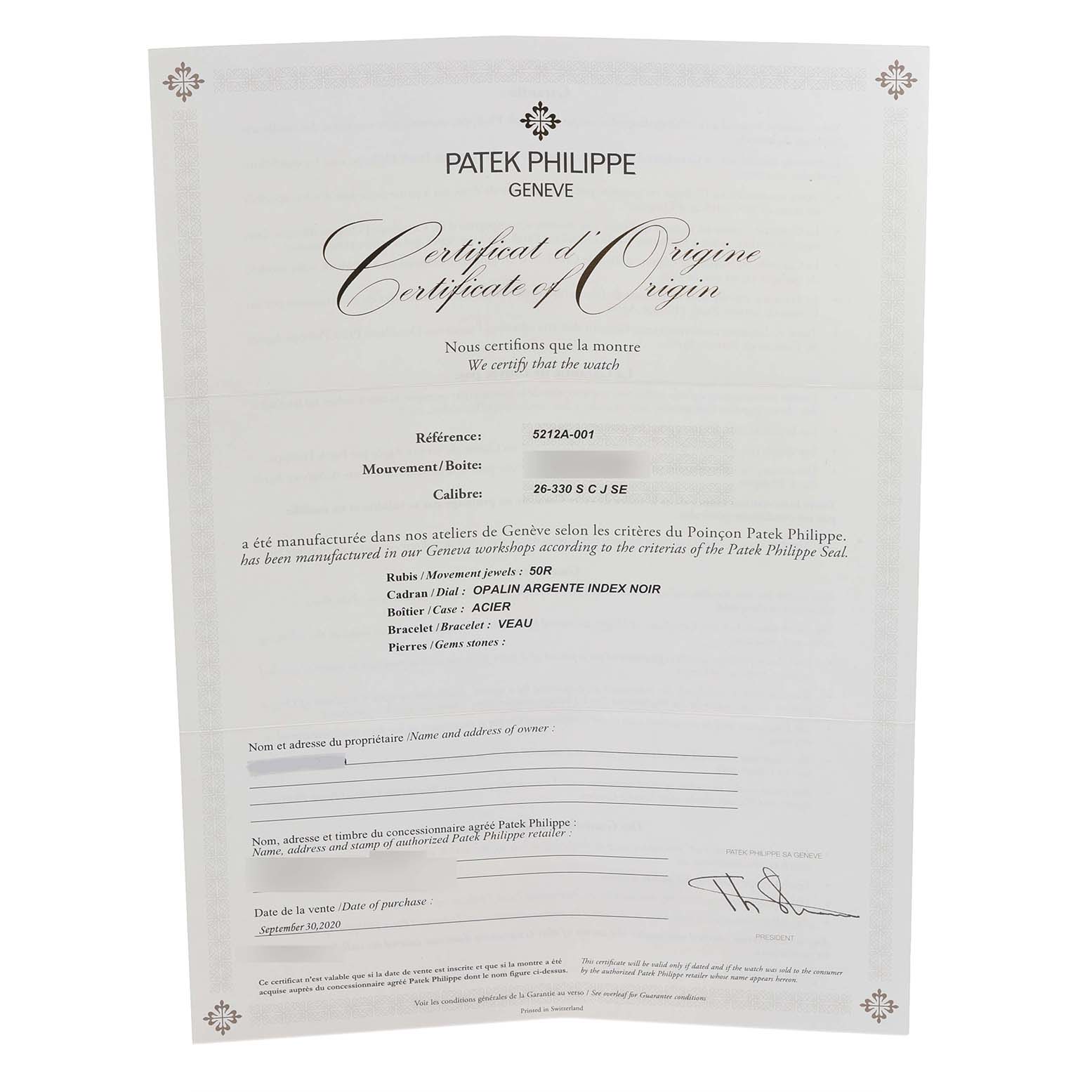 This is a certificate for a Patek Philippe Complications 5212A-001 Men's Stainless Steel Silver Dial 5212A-001 Men's Stainless Steel Silver Dial watch, showing details like reference, caliber, and materials.