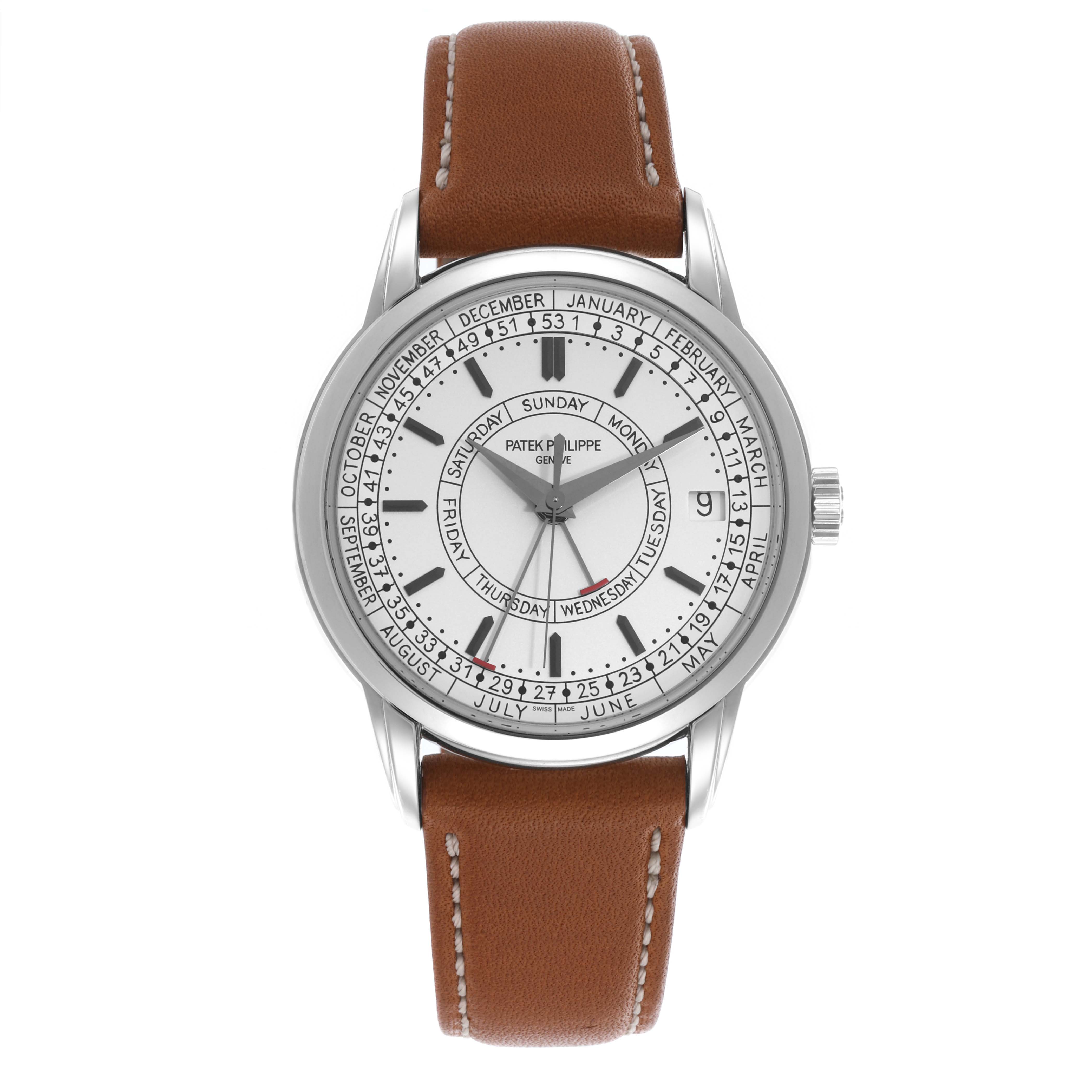 The Patek Philippe Complications 5212A-001 Men's Stainless Steel Silver Dial 5212A-001 Men's Stainless Steel Silver Dial watch is shown from a front angle, displaying its dial, markers, and leather strap.