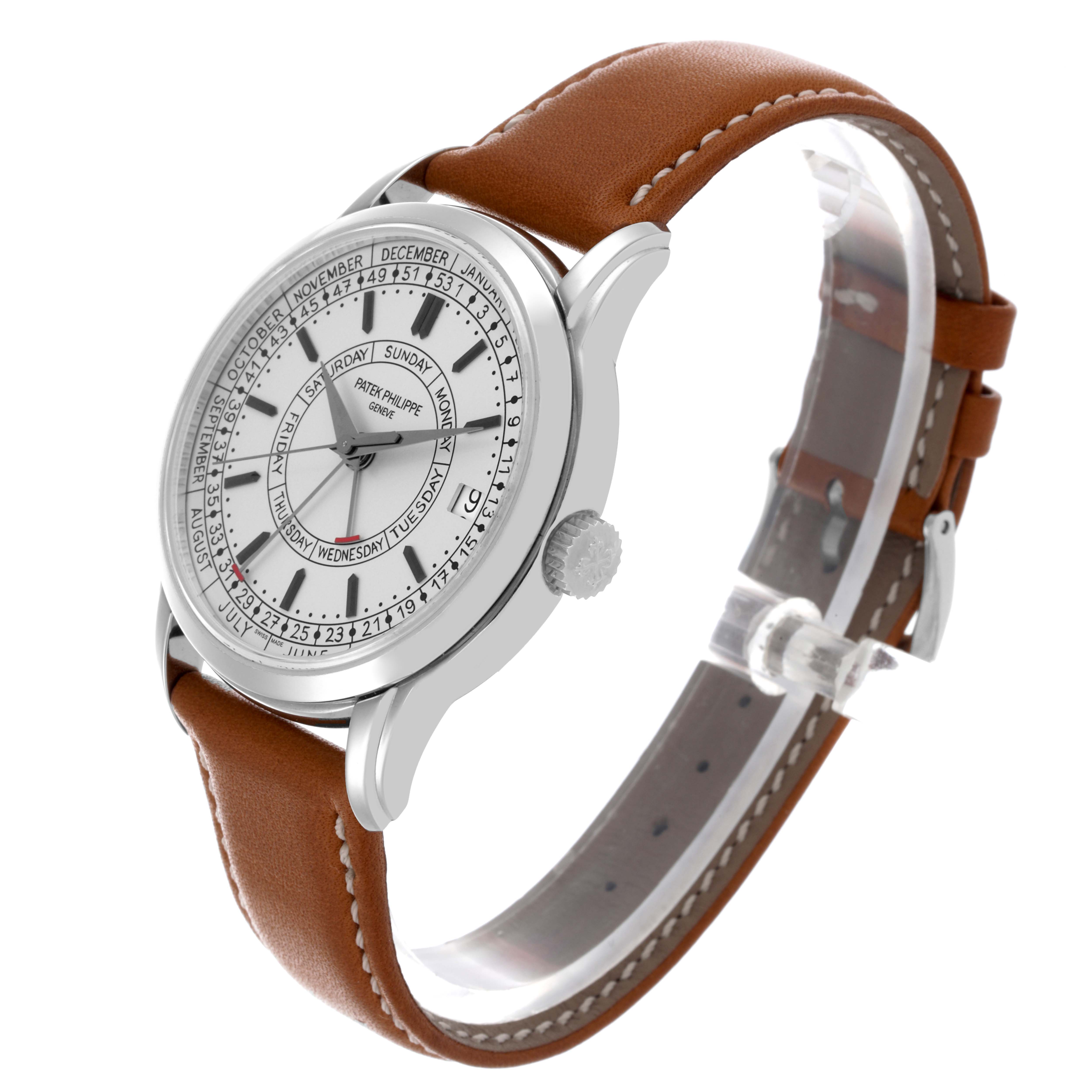 The Patek Philippe Complications 5212A-001 Men's Stainless Steel Silver Dial 5212A-001 Men's Stainless Steel Silver Dial watch is shown at a three-quarter angle, displaying the face, case, crown, and brown leather strap.