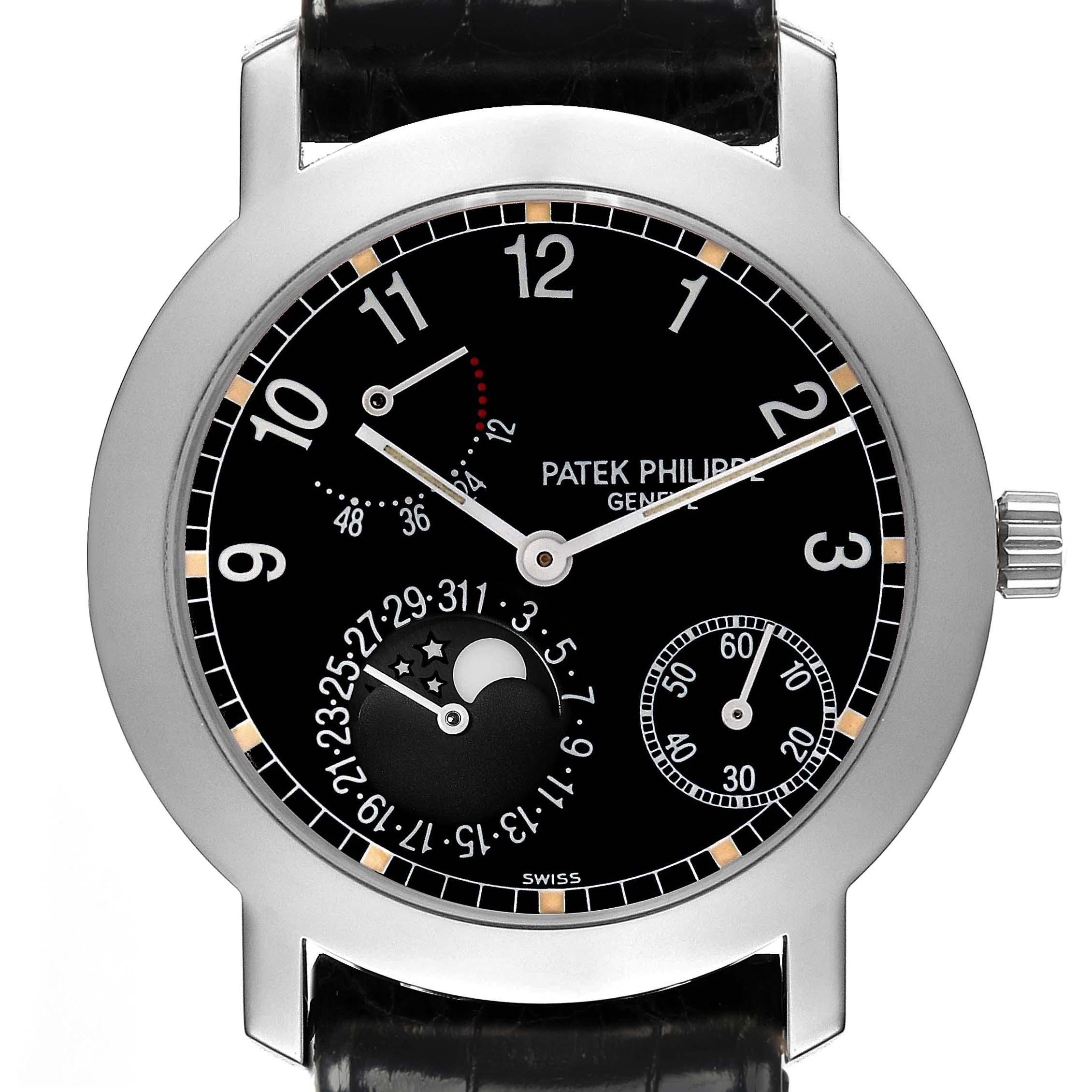 The Patek Philippe Complications 5055G-001 Men's White Gold Black Dial 5055G-001 Men's White Gold Black Dial watch is shown from the front, displaying the dial, moon phase, and date subdials.