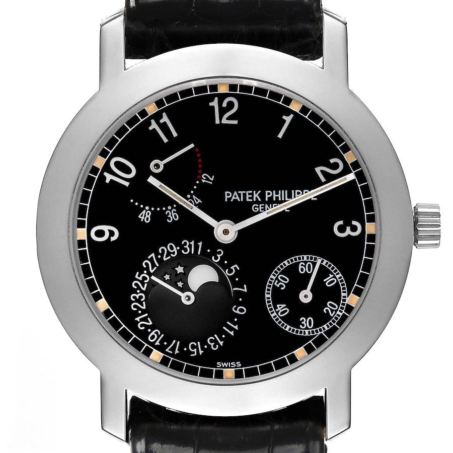 The Patek Philippe Complications watch is shown from the front, displaying the dial, moon phase, and date subdials.