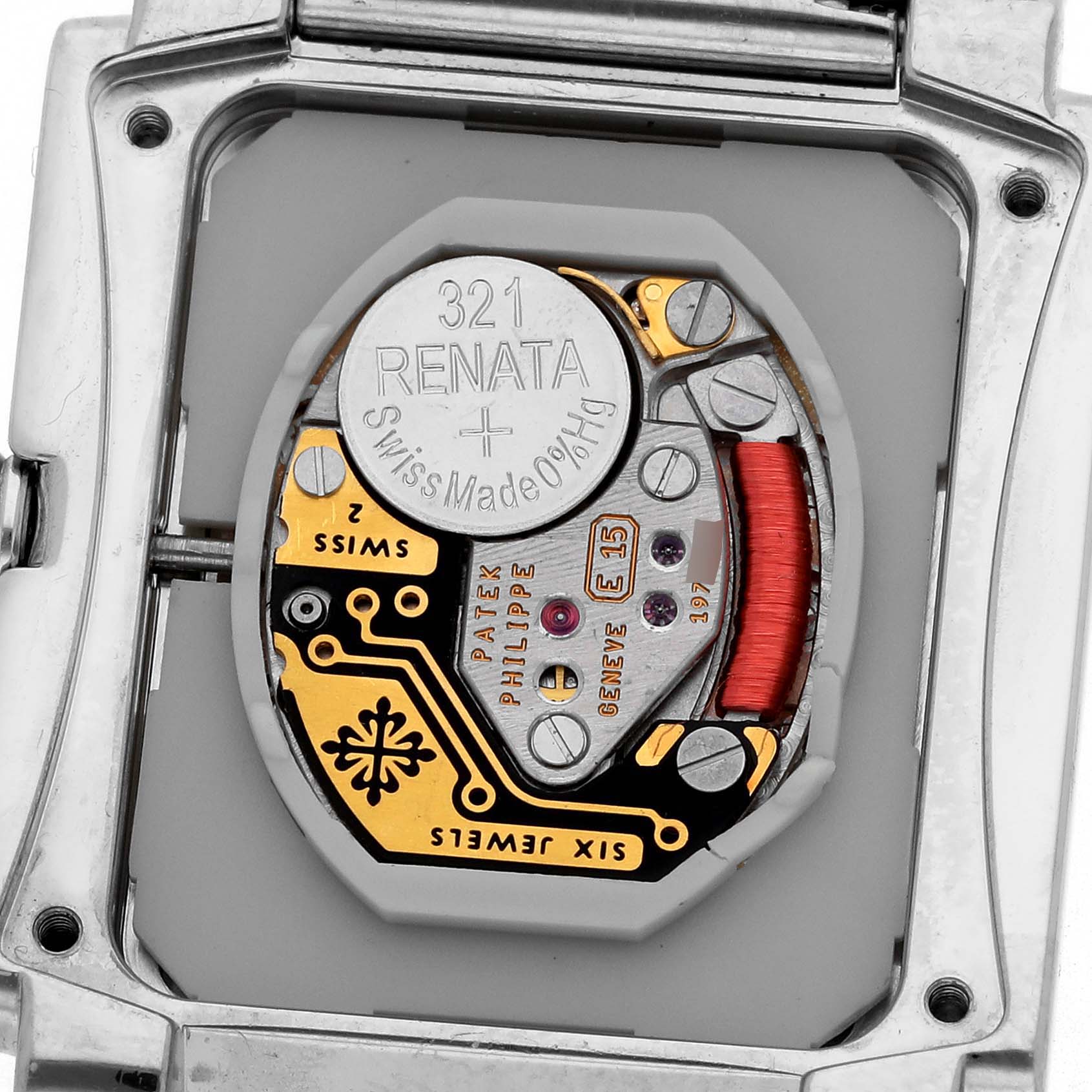 The image shows the back view of a Patek Philippe Twenty-4 4910/10A-011 Women's Stainless Steel Silver Dial 4910/10A-011 Women's Stainless Steel Silver Dial model, highlighting its movement and internal components.