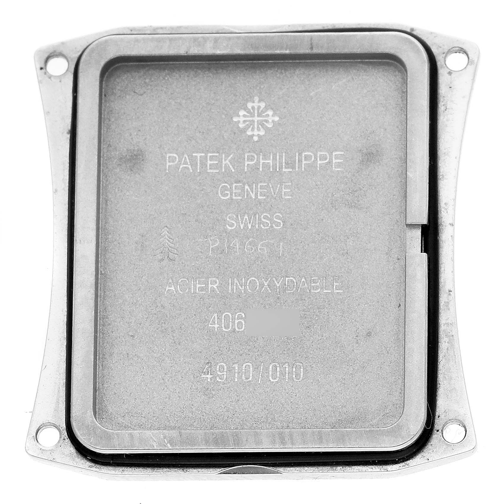 The image shows the backplate of a Patek Philippe Twenty-4 4910/10A-011 Women's Stainless Steel Silver Dial 4910/10A-011 Women's Stainless Steel Silver Dial watch, displaying the brand and model information.